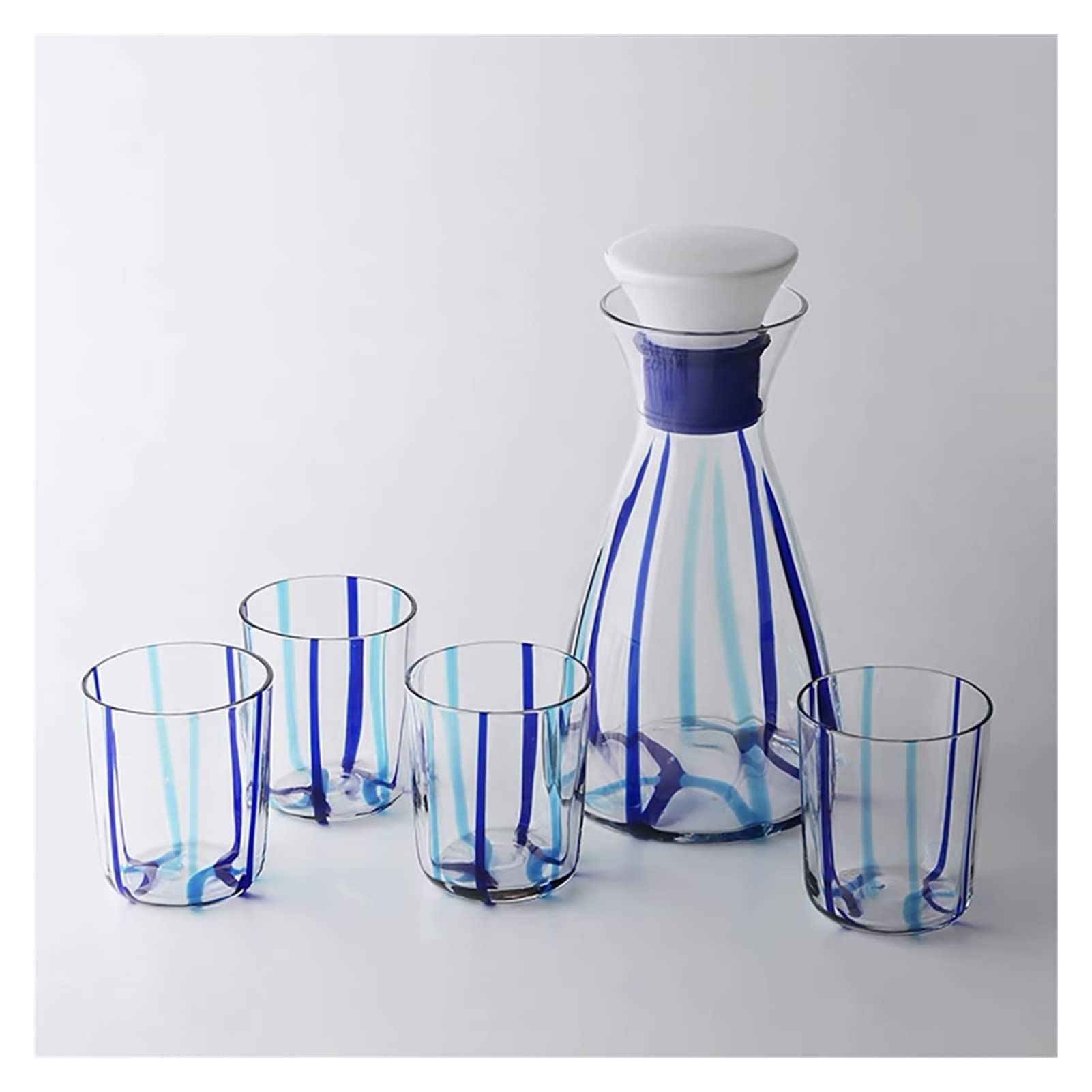Glass Water Carafe Pitcher with Lid - 1.5L Cold Water Jug for Juice, Iced Tea & Beverages - Includes 4 Clear Cups - Perfect for Home, Office & Outdoor Use (Blue)
