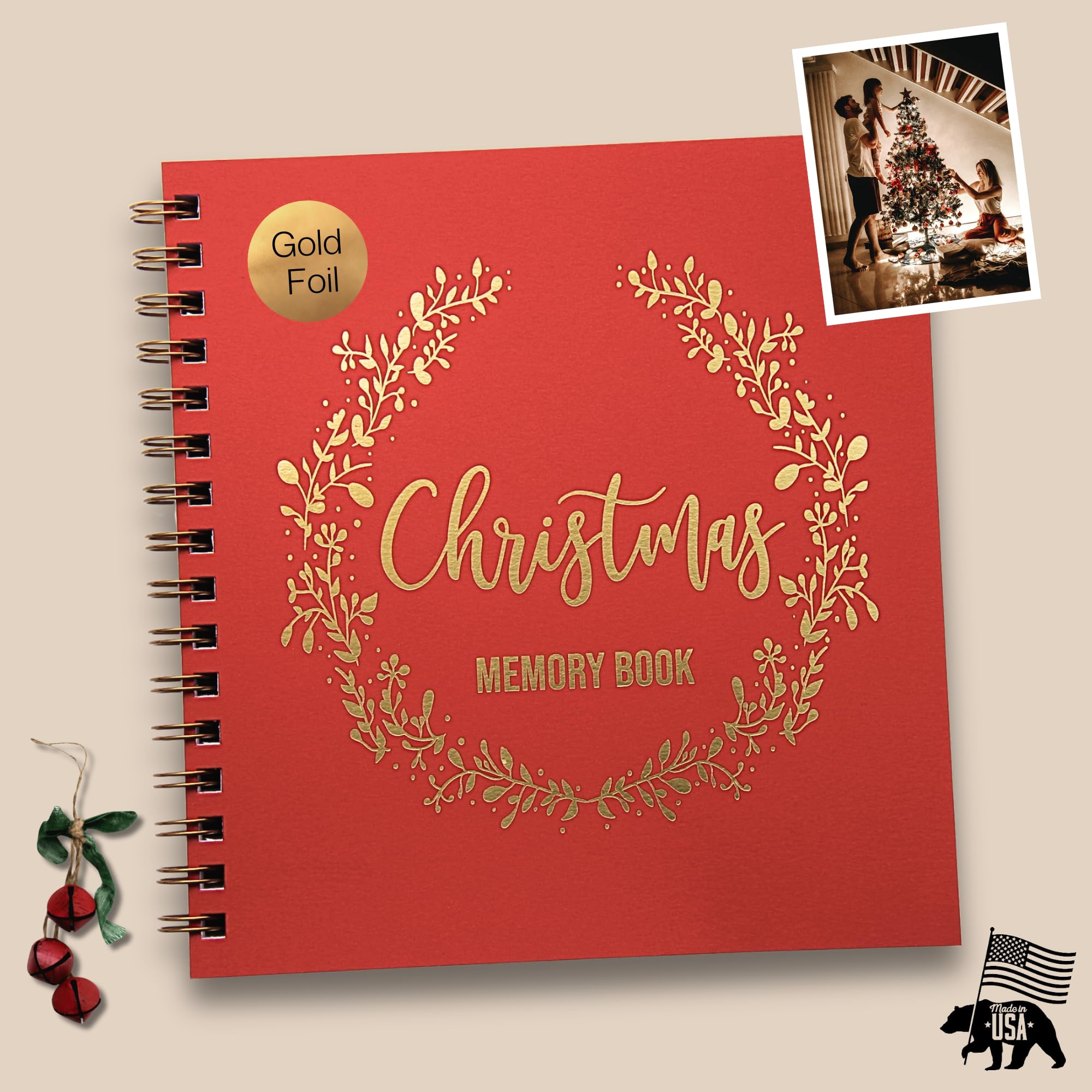 Christmas Memory Scrapbook Album - 8.5x8.5 Gold Foil Keepsake with 90 Blank Pages, Red & Gold Holiday Family Photo Book for Christmas Traditions, Gift Giving, and Yearly Holiday Memories