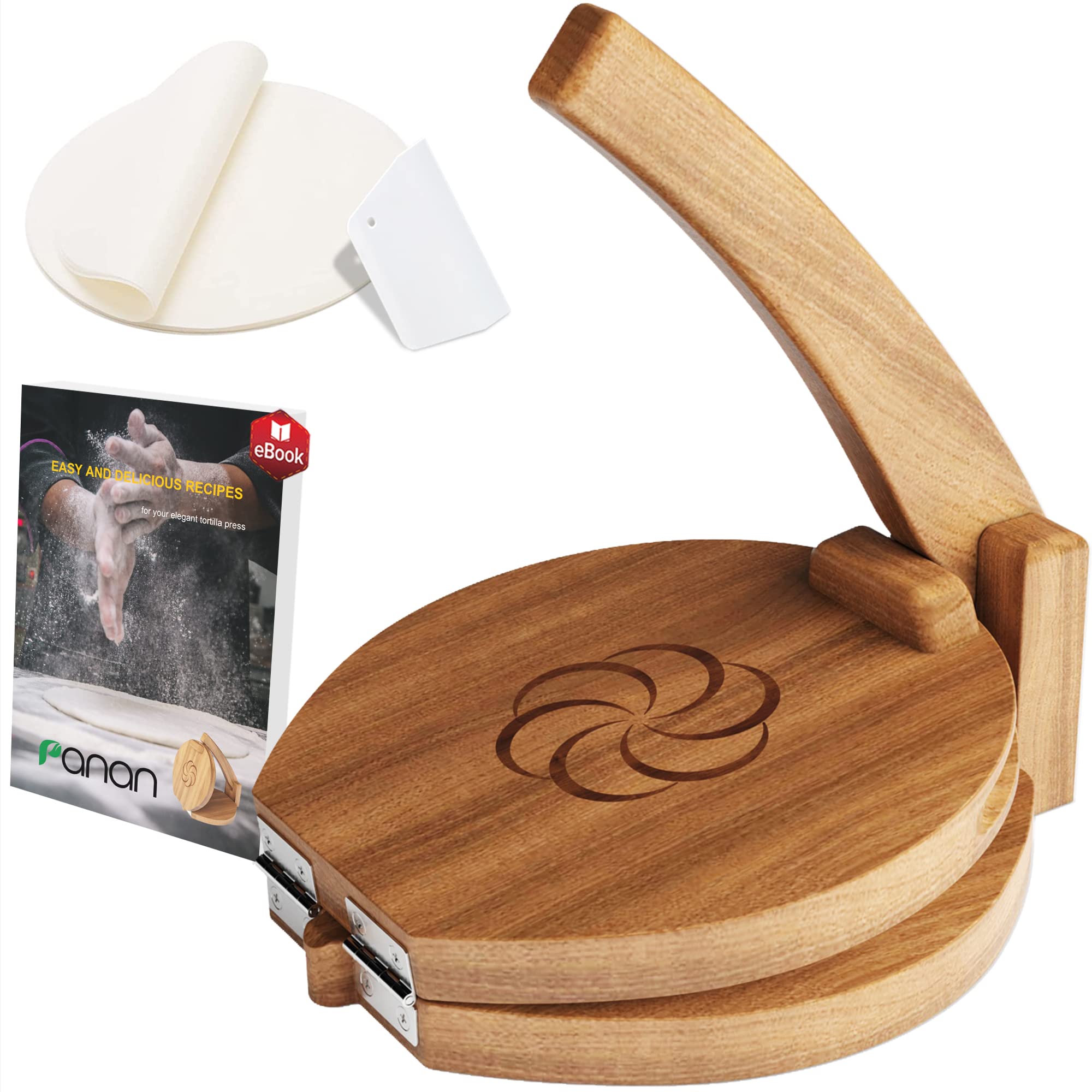 Premium Acacia Wood Tortilla Press - 10 Inch Round Natural Food-Grade Mexican Tortillera with 50 Parchment Papers, Dough Cutter & Recipe eBook - Perfect for Homemade Tacos, Quesadillas & Authentic Mexican Cooking