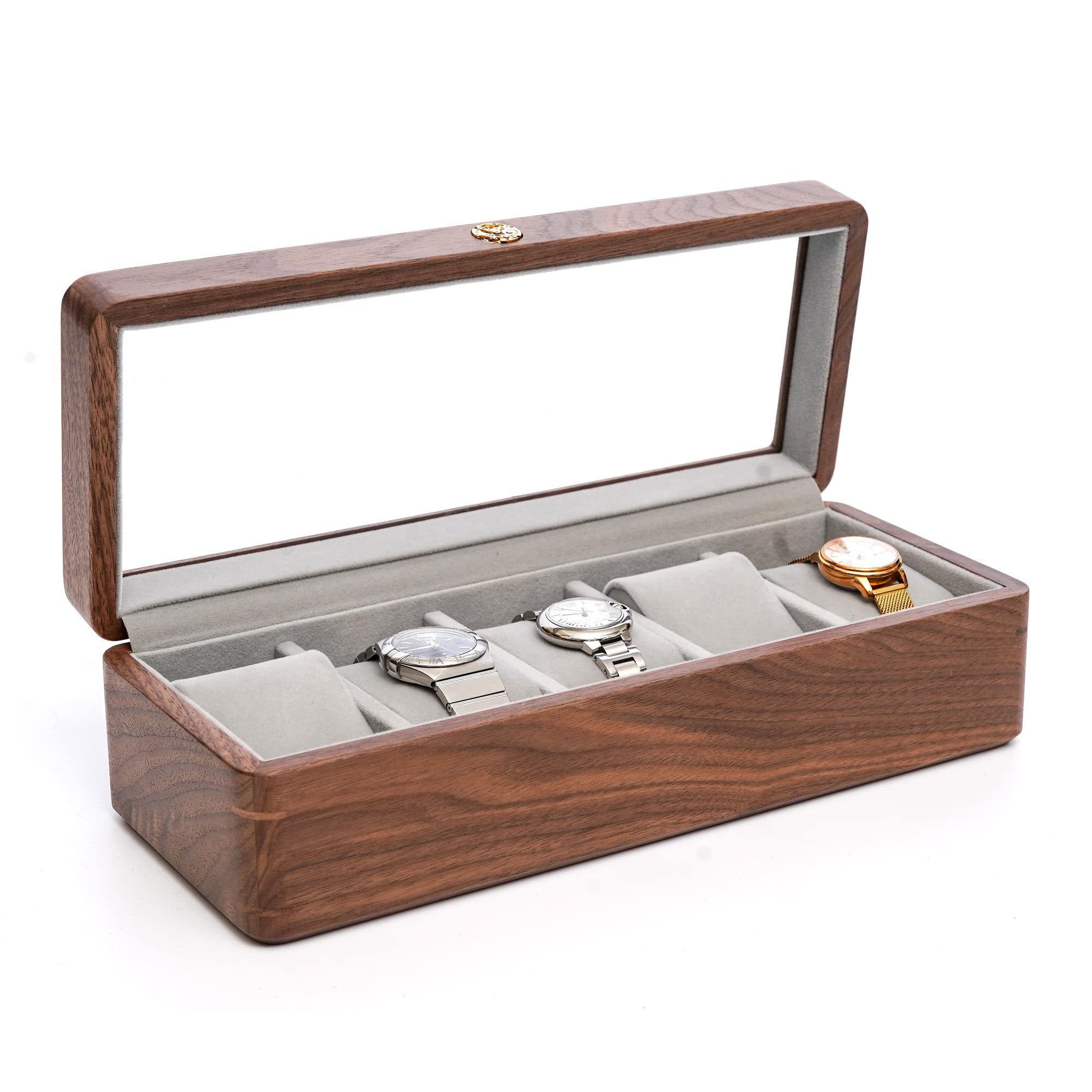 DESAINOPH® Luxury Wooden Watch Box Organizer - Walnut Solid Wood Watch Storage Case with Glass Lid - Perfect for Men's Watch Collection Display & Gift Giving - Ideal for Dresser, Closet, or Travel Watch Organization