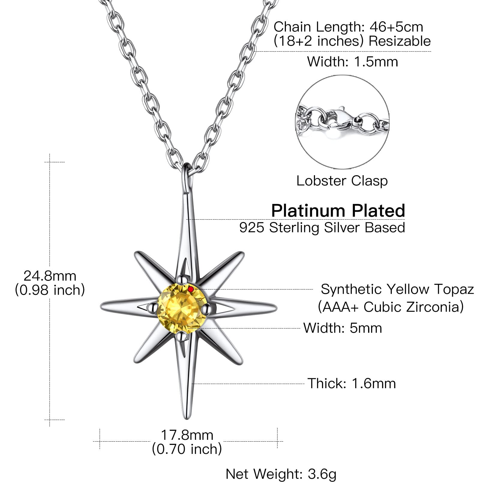 Suplight 925 Sterling Silver Dainty Birthstone North Star Starburst Stud Earrings & Necklace Set for Women | Zodiac Jewelry Gift for Birthday, Anniversary & Everyday Wear