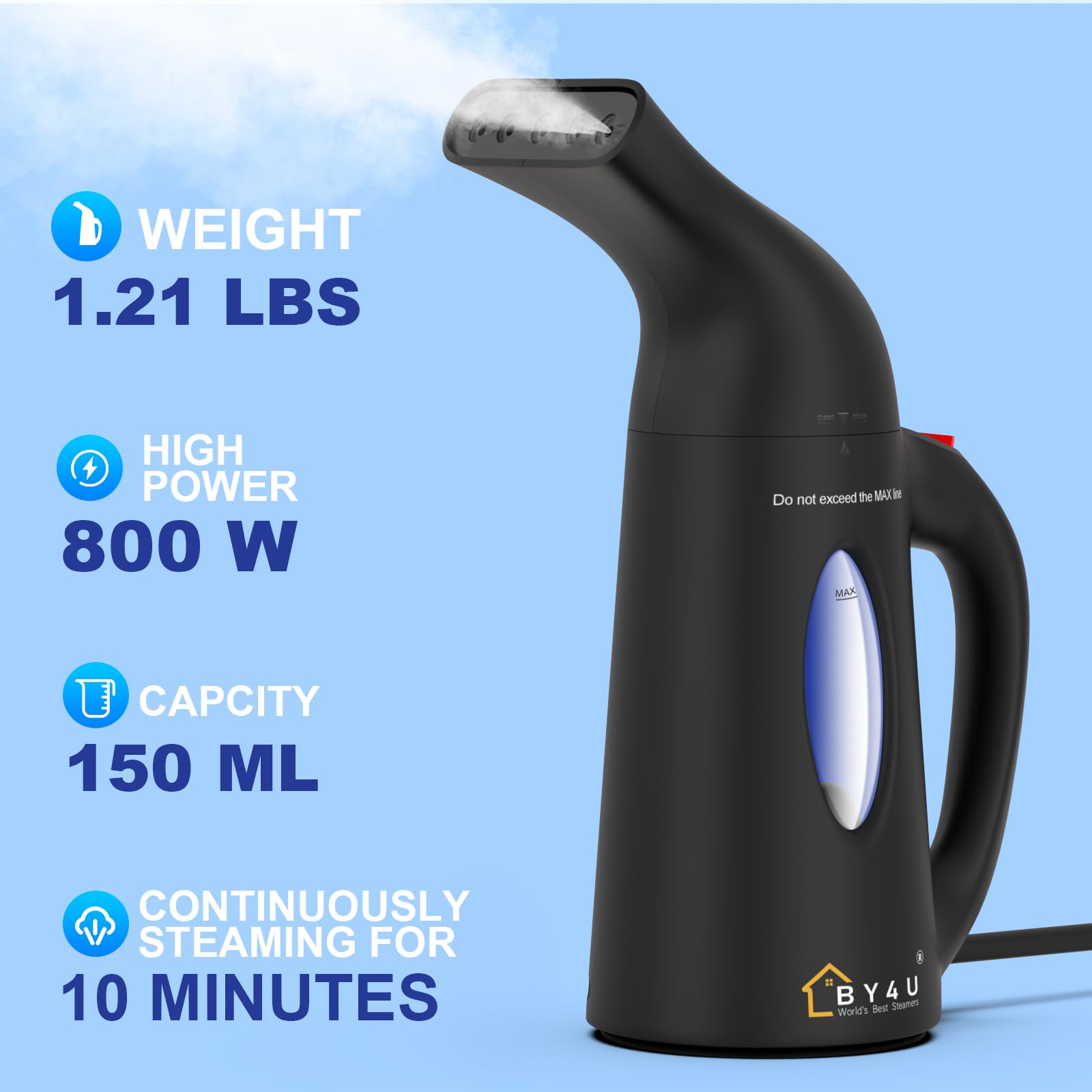 Portable Handheld Garment Steamer - Powerful Wrinkle Remover for Clothes, Quick Heating Travel Steamer for Home & On-The-Go (Black) | Perfect for Business Trips, Vacations & Daily Outfit Care