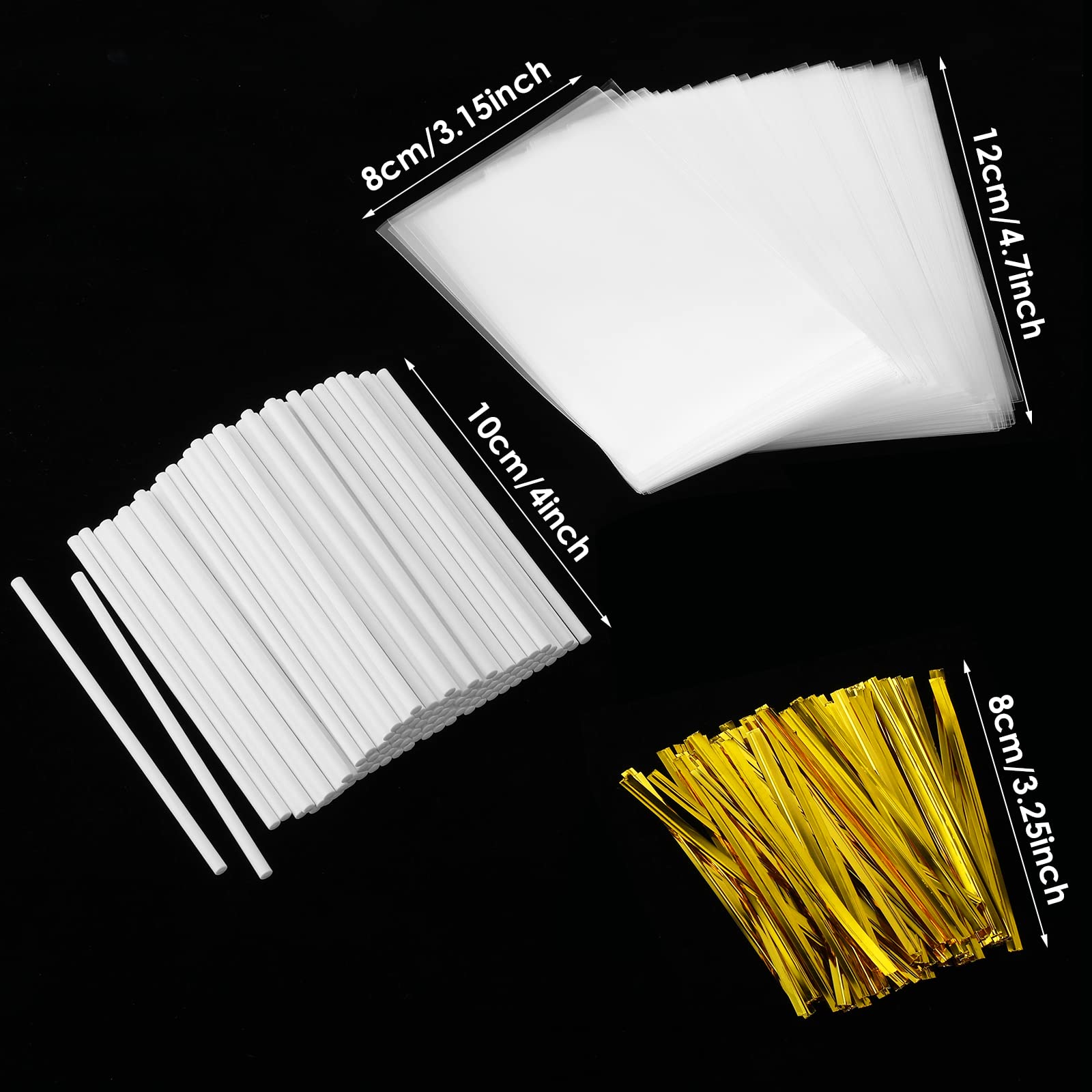 300Pcs Cake Pop Sticks and Bags Kit - 100Pcs Lollipop Sticks, 100Pcs Cake Pop Bags, 100Pcs Gold Twist Ties for DIY Candy, Chocolate, Cookie Wrappers - Perfect for Birthday Parties, Baby Showers & Holiday Treats