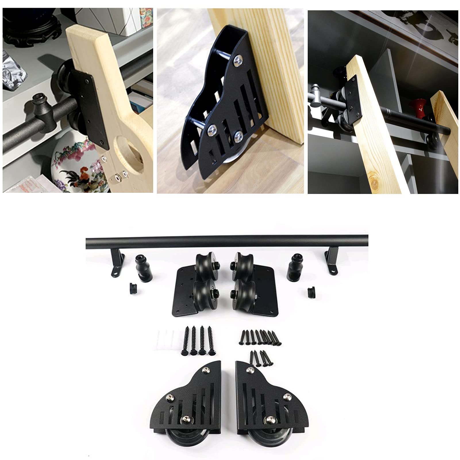 Rolling Library Sliding Rail Kit - Heavy Duty Sliding Hardware for Rolling Doors (No Ladder Needed) with Floor Roller Wheels & Round Tube Mobile Ladder Rail (3.3ft) - Perfect for Home Libraries, Closet Doors, and DIY Storage Solutions