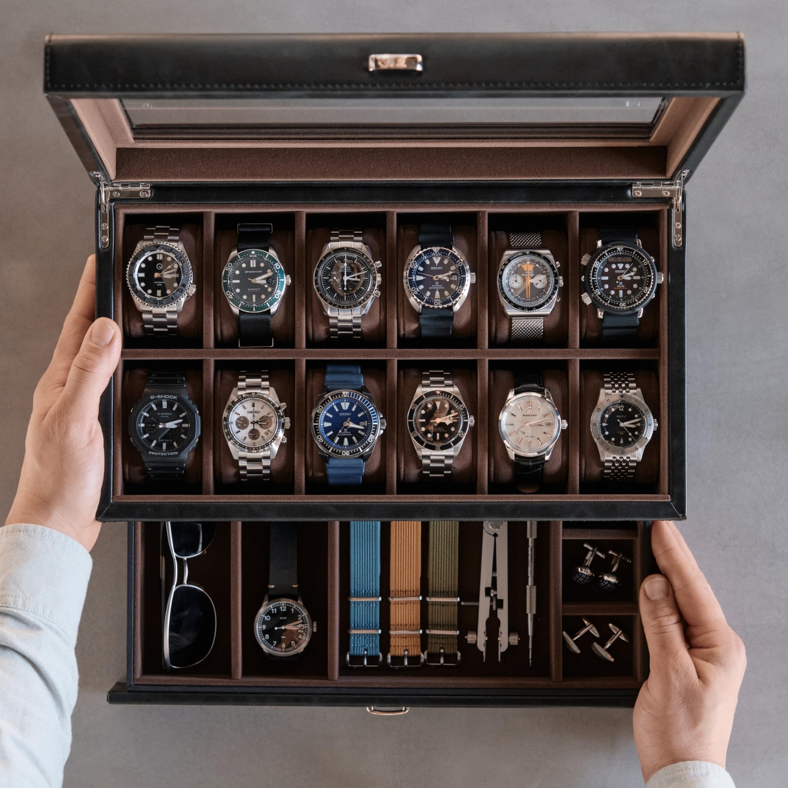 TAWBURY 12-Slot Watch Box for Men - Premium Faux Leather Watch Display Case with Soft Cushion | Luxury Watch Storage Organizer for Men's Collections | Perfect for Travel, Home Display & Gift (Black)