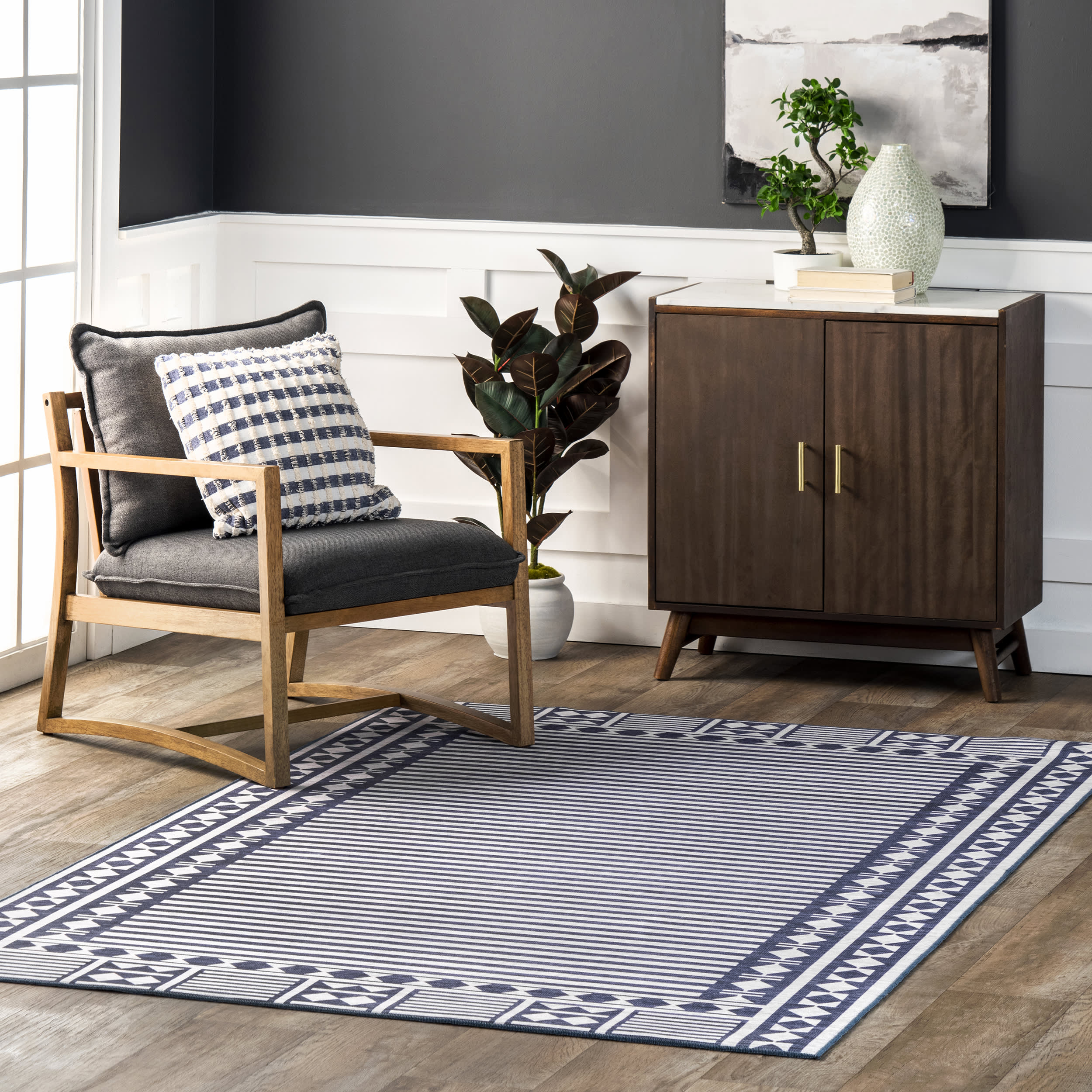 Chloe Striped Washable Indoor Outdoor Rug - Soft Non-Slip Area Carpet for Living Room, Bedroom, Patio - Blue Home Decor
