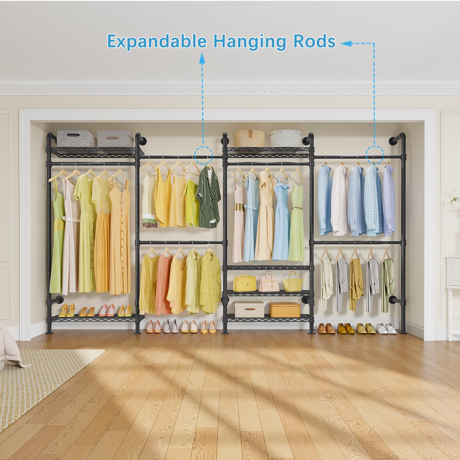 Timate F4 Heavy Duty Wall Mounted Industrial Pipe Clothing Rack - Adjustable Garment Organizer for Hanging Clothes, Expandable Wardrobe Storage Closet Kit in Black | Perfect for Small Spaces, Laundry Rooms & Apartment Closet Organization