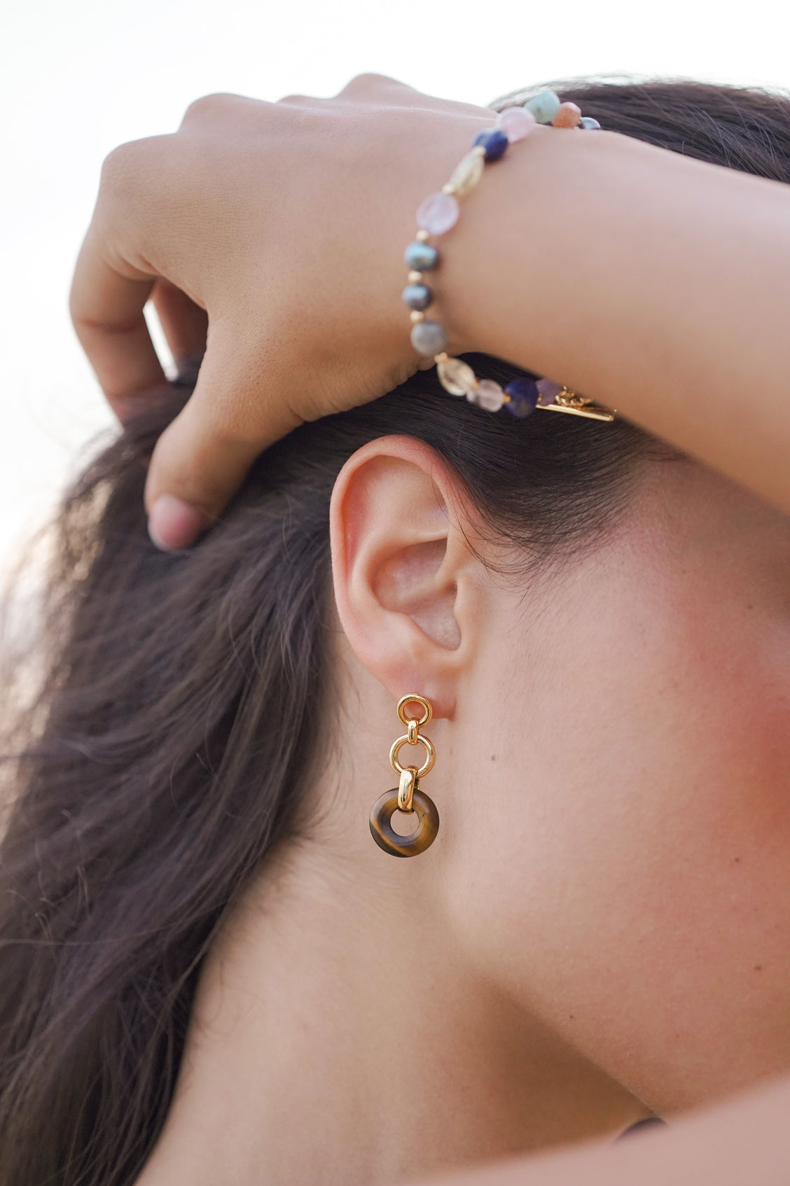 Tigers Eye Graduated Round Link Drop Earrings – Natural Stone Jewelry for Women, Boho Chic Dangle Earrings | Perfect for Parties, Weddings & Everyday Wear