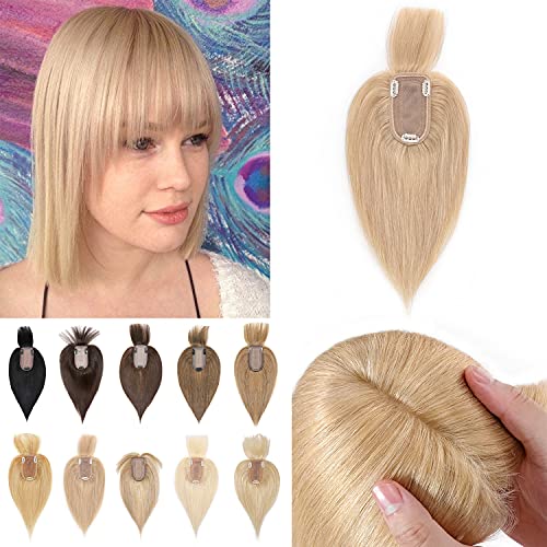S-noilite 150% Density Human Hair Toppers with Bangs - Silk Base Clip-in Hair Topper for Women with Thinning Hair - Covers Gray Hair - 14 Inch 44g #24 Natural Blonde - Perfect for Daily Wear, Parties & Special Occasions