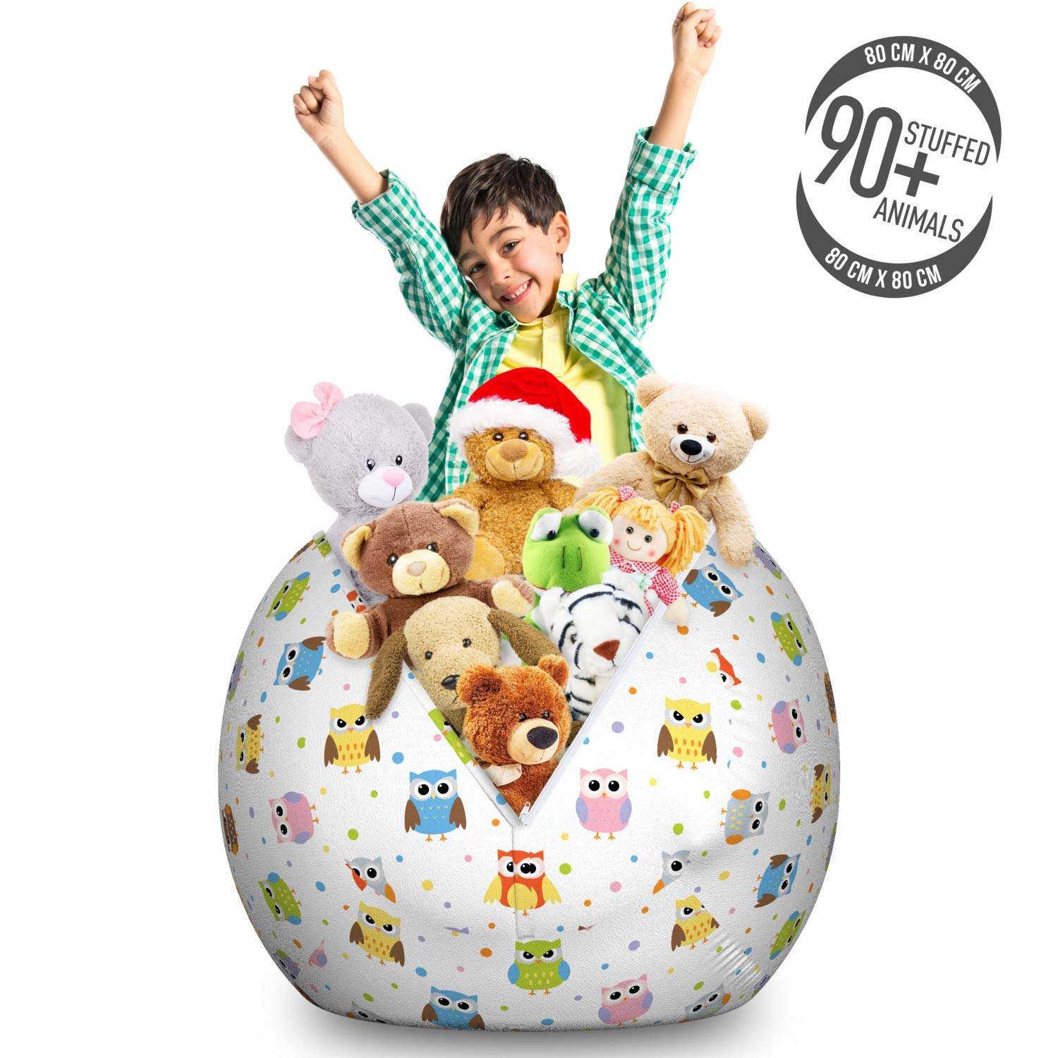 Ambesonne Owls Storage Toy Bag Chair - Large Washable Stuffed Animal Organizer with Colorful Dots & Funny Cartoon Mascot Design | Perfect for Kids' Room, Playroom & Toy Storage Organization