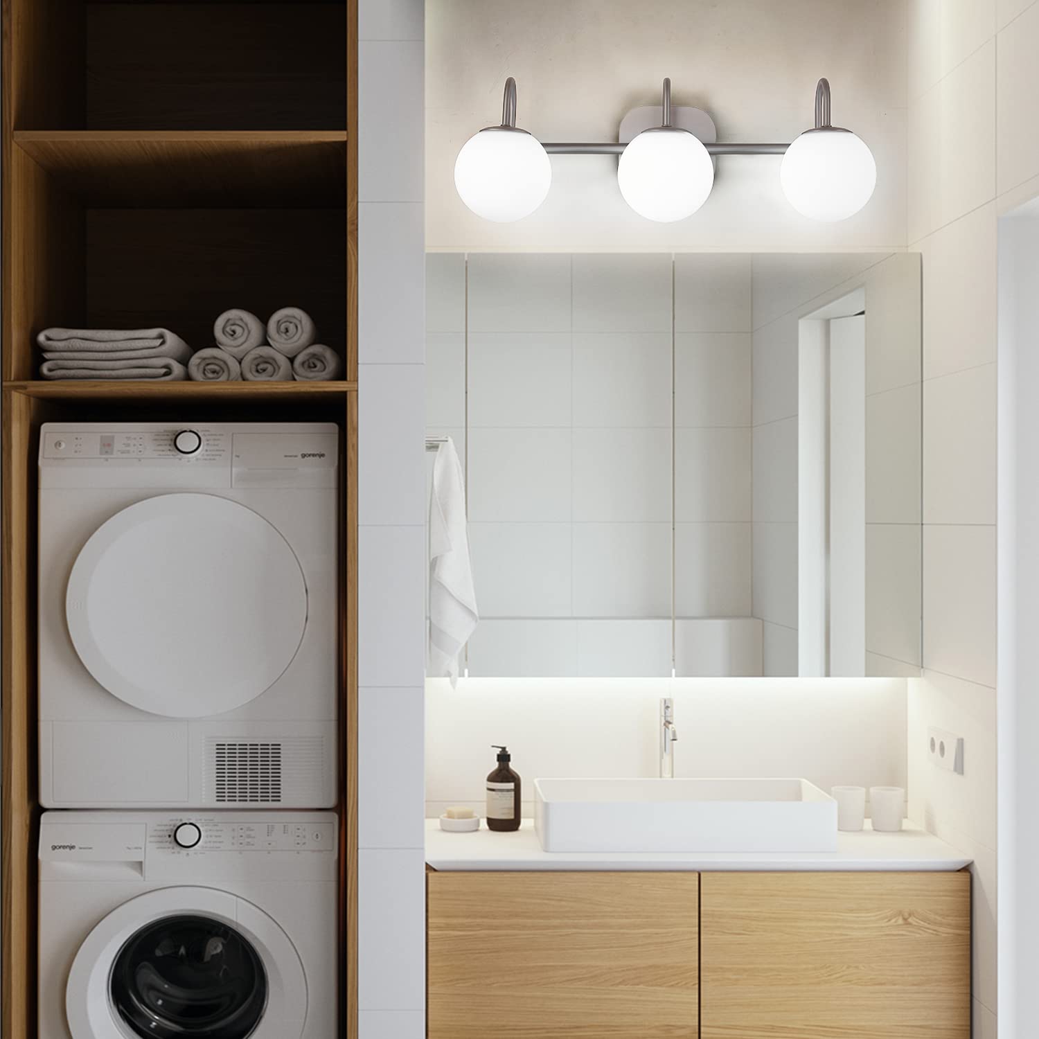 Modern Brushed Nickel Bathroom Vanity Light Fixture - 3-Light Wall Sconce with Milk White Glass Globe Shades for Bathroom Mirror Lighting, Vanity Bar & Powder Room (Excludes G9 Bulb) - Perfect for Contemporary Home Decor & Spa-Like Ambiance