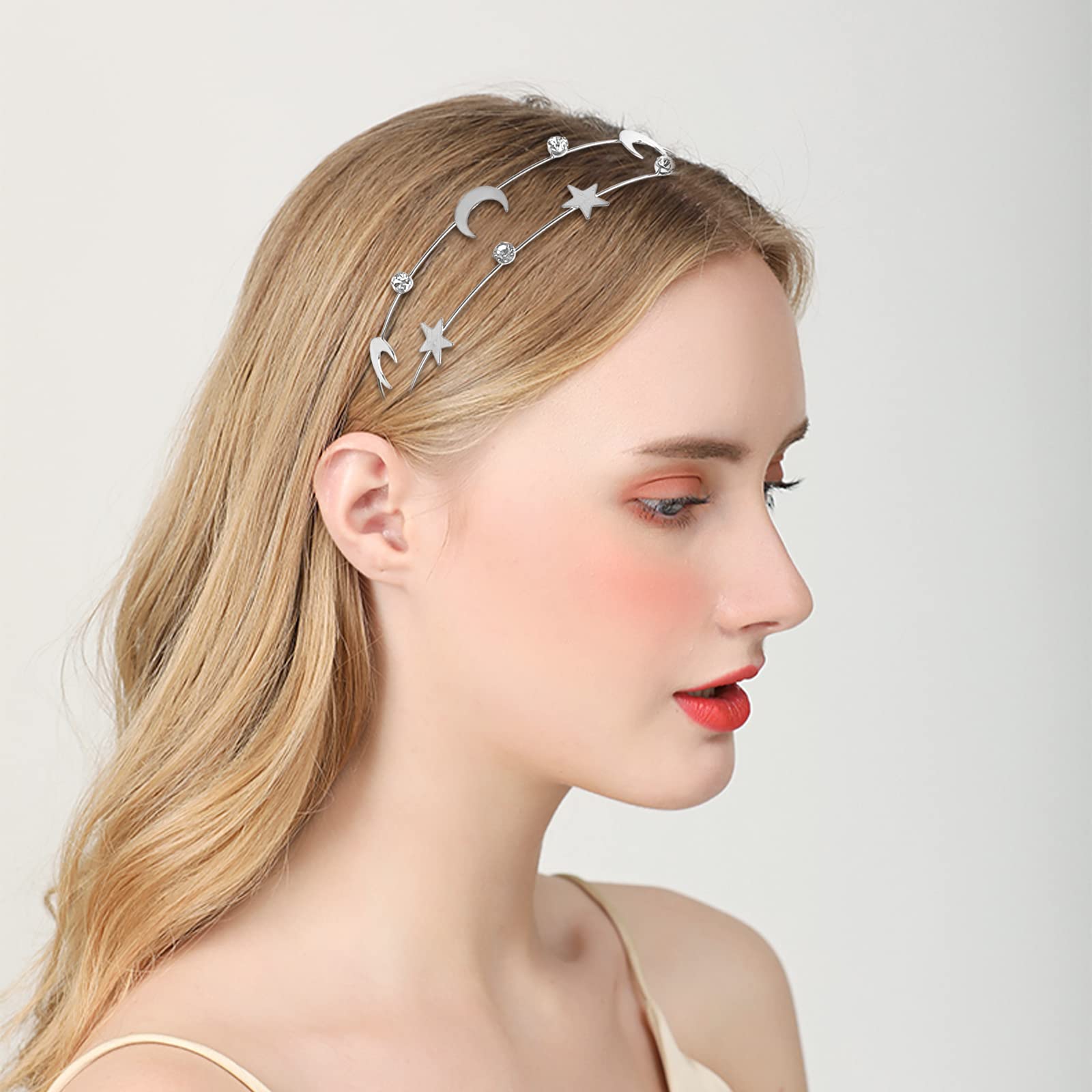 **Aswewamt 2-Piece Alloy Moon and Five-Pointed Star Headbands – Elegant Bridal Hair Hoops for Women & Girls – Perfect for Weddings, Parties, and Boho Styling**