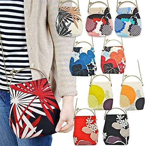 Inokichi Benley Gamaguchi 2-Way Shoulder Bag - Japanese Yukata & Kimono Style with Modern Pattern (Palm/Syuro Design) - Red & Black Color Options - Perfect for Japanese Festivals, Cosplay, and Traditional Events