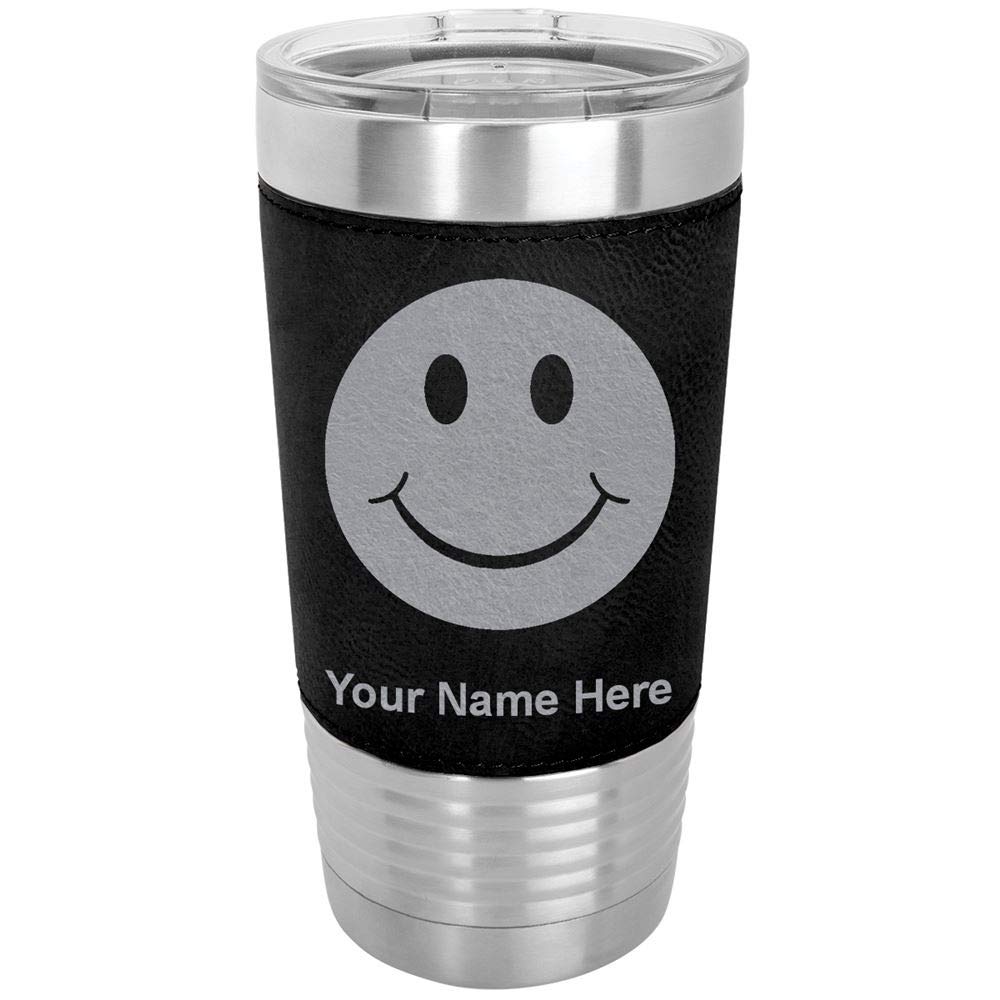 LaserGram 20oz Vacuum Insulated Stainless Steel Tumbler Mug with Happy Face Design - Personalized Engraving, Faux Leather Sleeve, Black - Perfect for Coffee, Tea & Cold Drinks at Home, Office or Travel