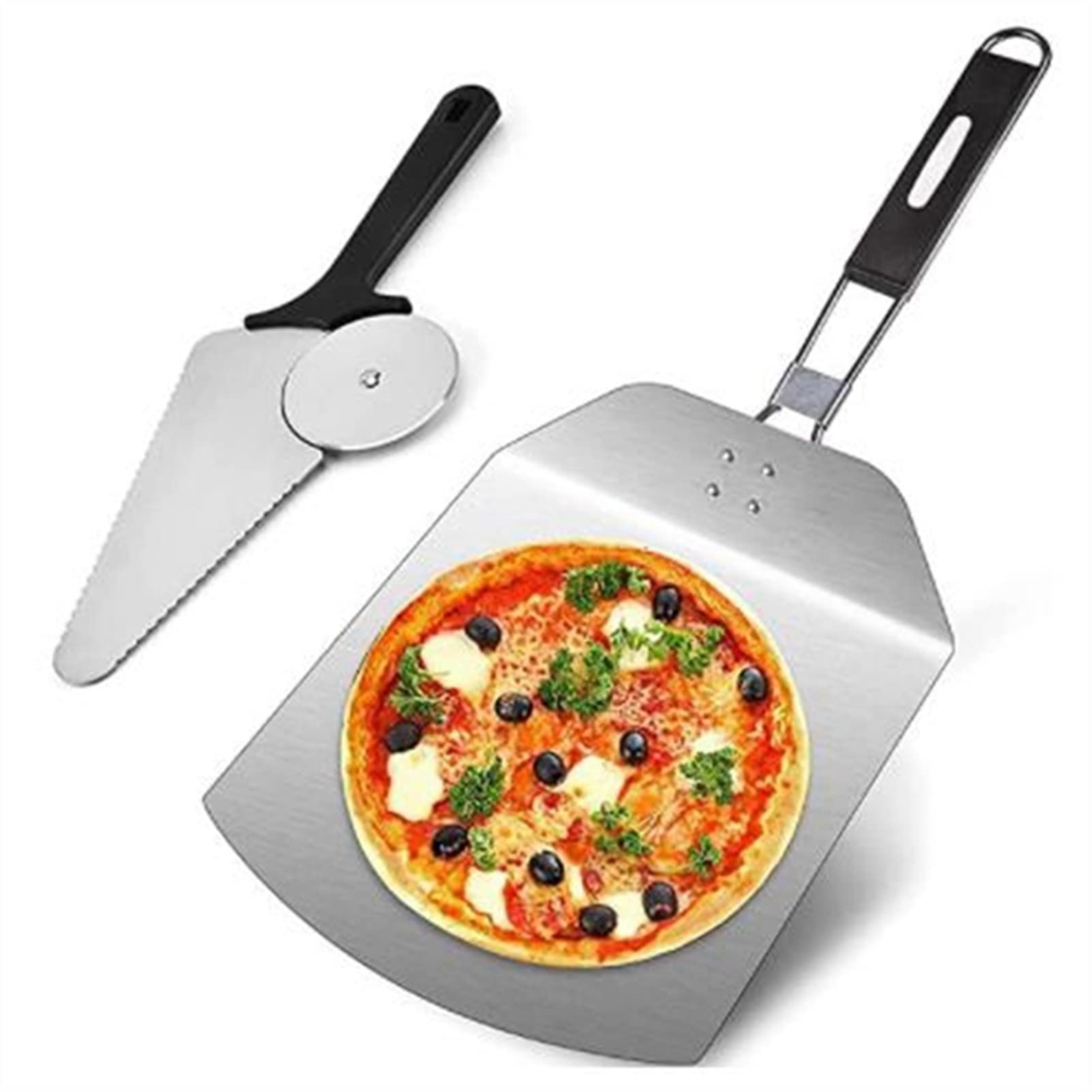 Stainless Steel Pizza Cutter & Paddle Set with Non-Slip Rubber Handle - Professional Pizza Shovel for Baking Bread, Cakes & Desserts - Perfect for Home Kitchen, Pizza Oven & Restaurant Use (Multi-Color)