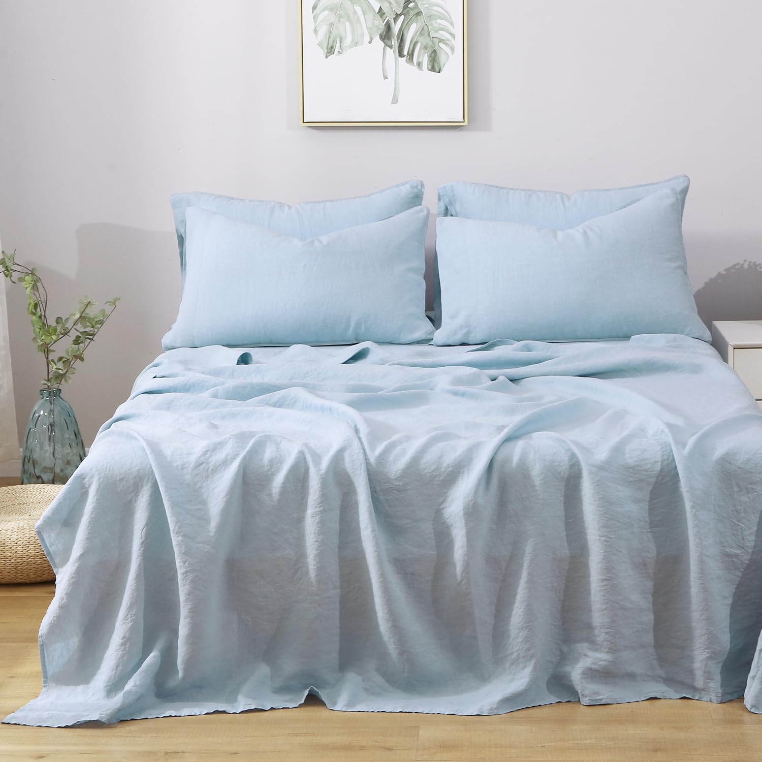 100% Organic Washed French Flax Linen Sheets Set 4Pcs - California King Size, Aqua Blue | Breathable & Hypoallergenic Bedding for All Seasons | Perfect for Eco-Friendly Homes, Guest Rooms & Luxury Hotels