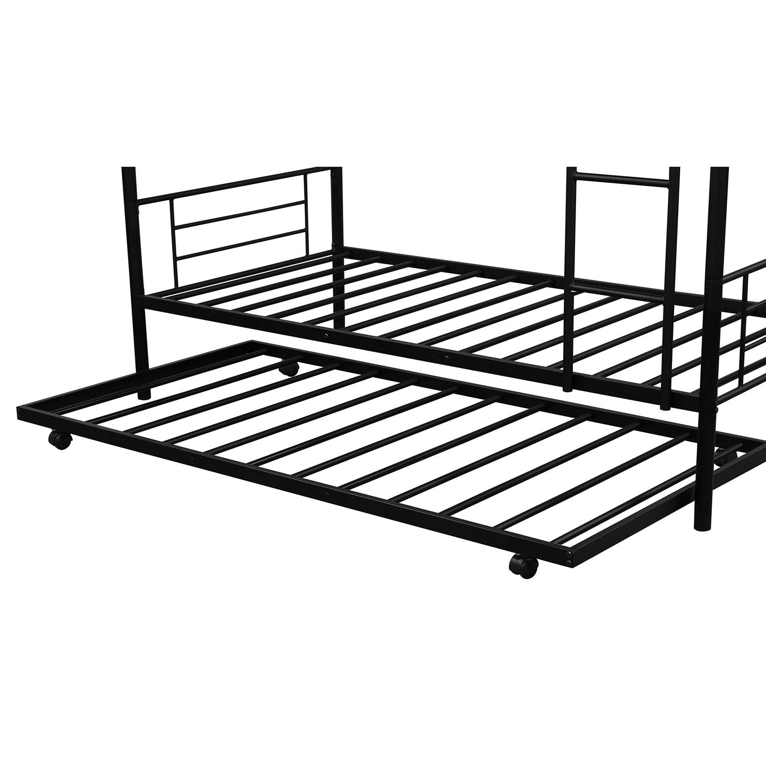 KLMM Twin Over Twin Metal Bunk Bed with Trundle - Heavy Duty Steel Frame, Convertible to 2 Separate Beds, Guardrails & Ladder Included - No Box Spring Required (Black) | Perfect for Kids' Bedrooms, Guest Rooms & Small Spaces