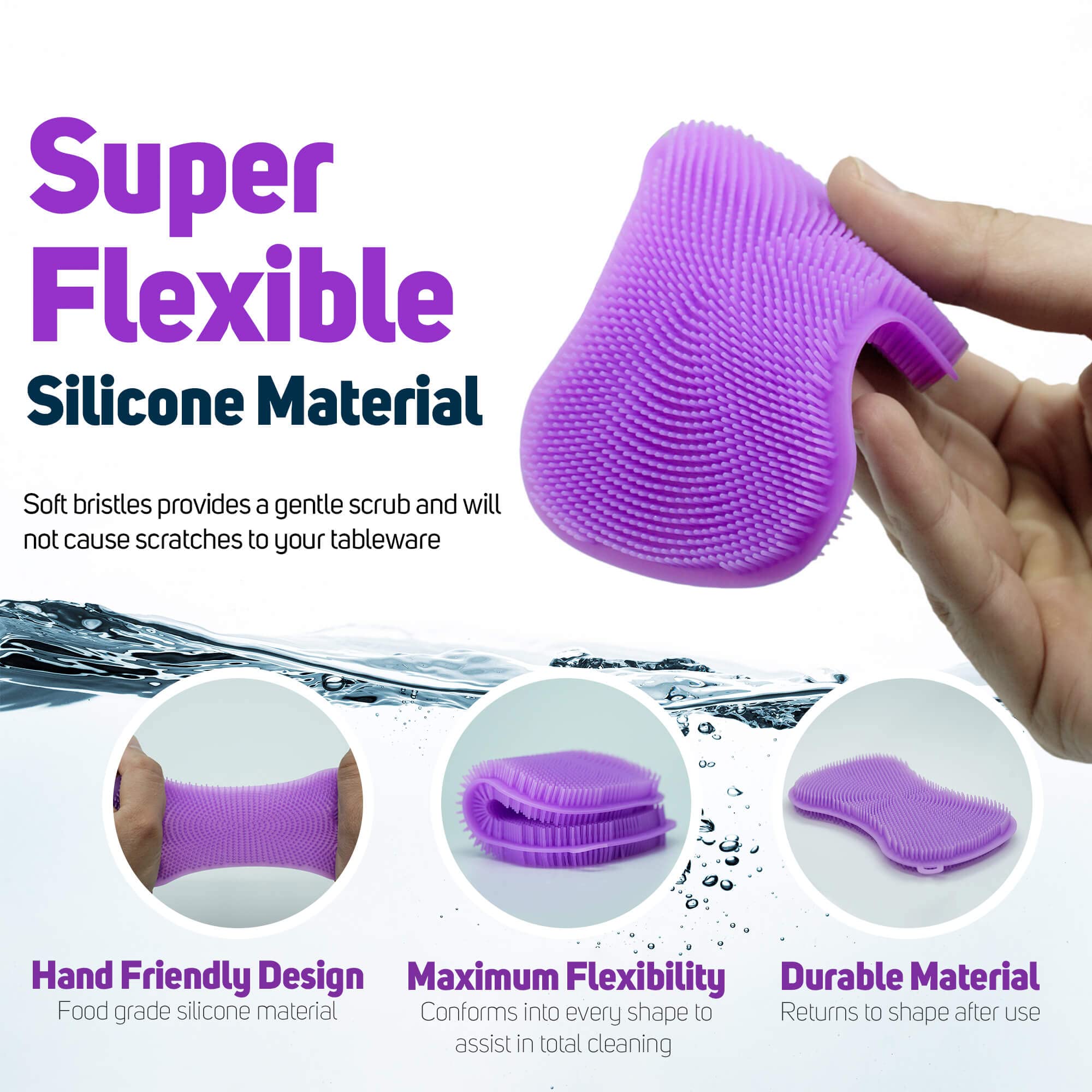 Non-Toxic Silicone Kitchen Sponges for Dishes - 3 Pack Reusable Scrub Brushes with Ergonomic Handle | Eco-Friendly Cleaning Sponges for Pots, Pans & Cookware | Perfect for Daily Dishwashing & Tough Stains