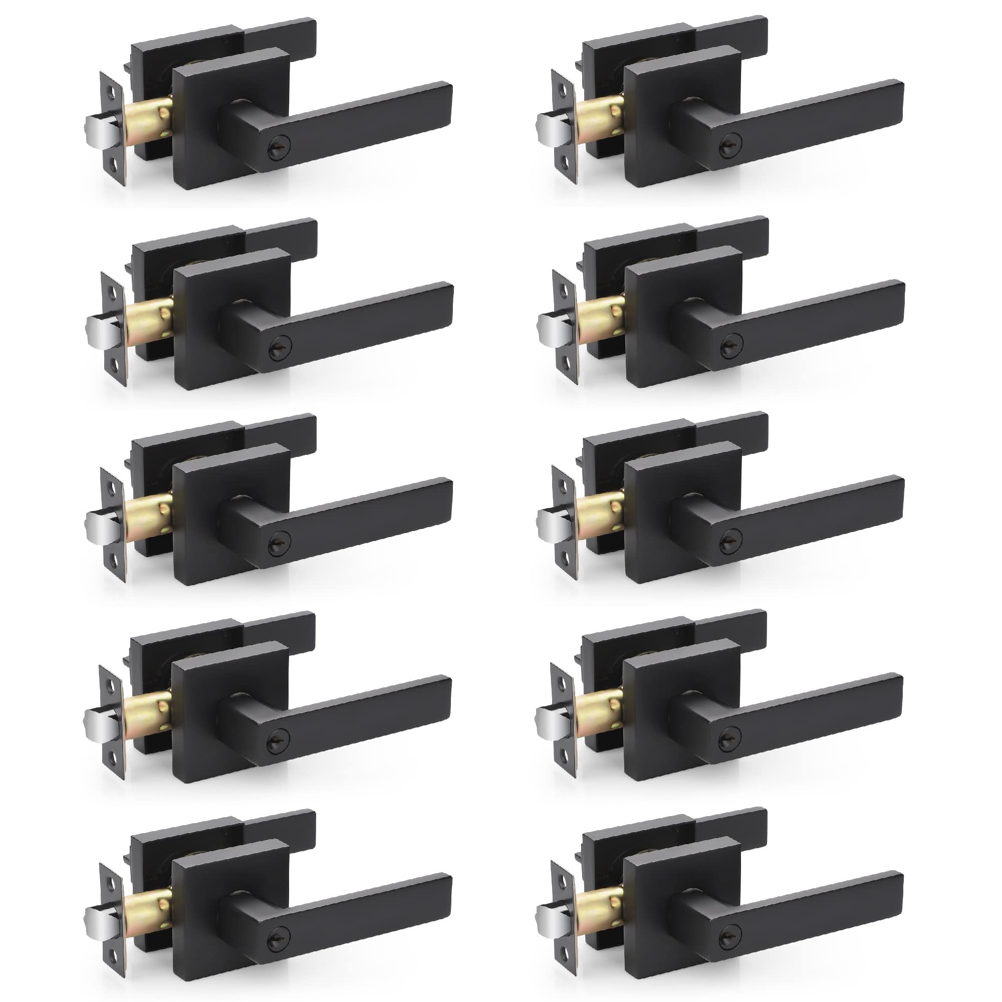 10 Pack Heavy Duty Keyed Entry Door Levers with Keys - Flat Style Door Handle Set in Matte Black (Not Keyed Alike) - Secure Exterior Lockset for Storeroom, Bedroom, Office & Commercial Use