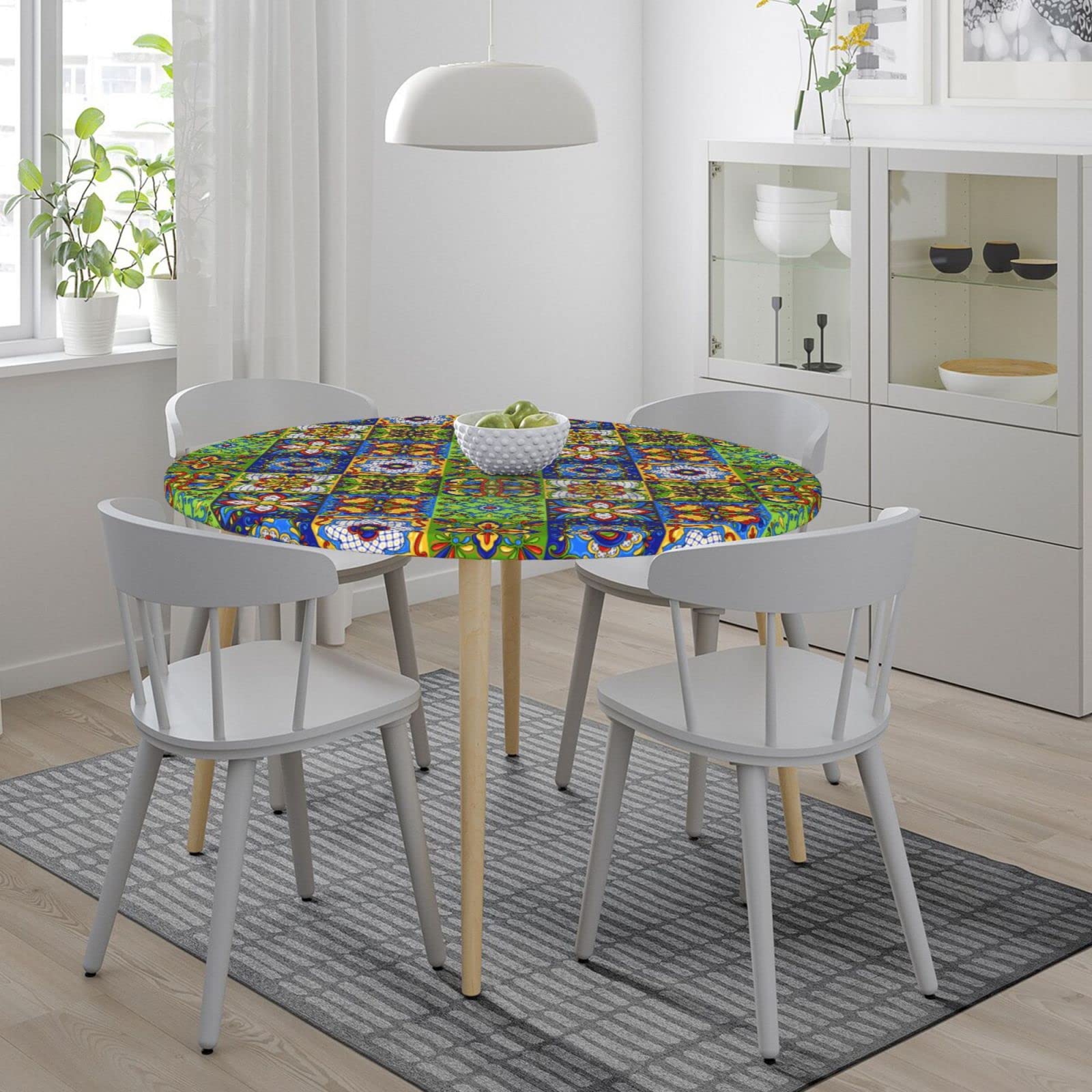 WOAIDY Mexican Talavera Elastic Edged Fitted Round Tablecloth - Decorative Stretch Table Cover for 40