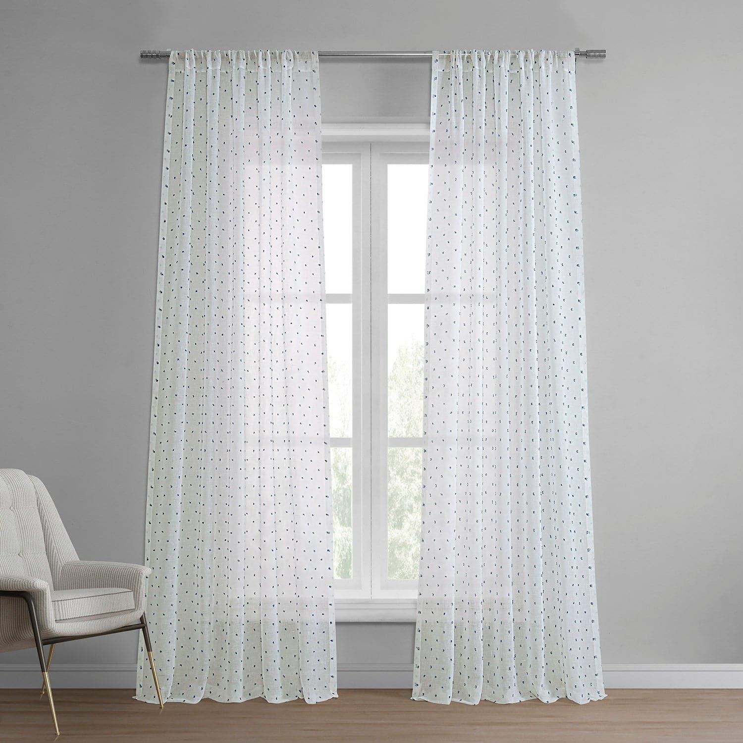 Altair Blue Geometric Pattern Faux Linen Sheer Curtains - Light Filtering Window Drapes for Living Room, Bedroom & Office Decor