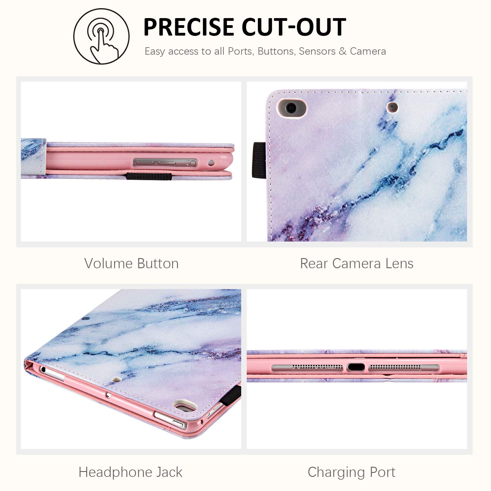 Dteck PU Leather iPad Case for iPad 9.7 inch (2018/2017), iPad Air 1/2, iPad 6th/5th Gen - Auto Sleep/Wake, Multi-Angle Stand, Wallet Folio Cover (Pink Marble) - Perfect for Work, Travel & Home Use