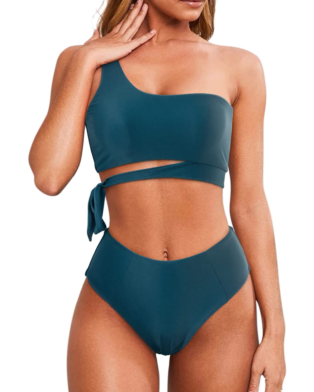 MOOSLOVER Women's Sexy One Shoulder High Waisted Bikini Set - Tie Side High Cut Two Piece Swimsuit for Beach, Pool Party & Summer Vacation