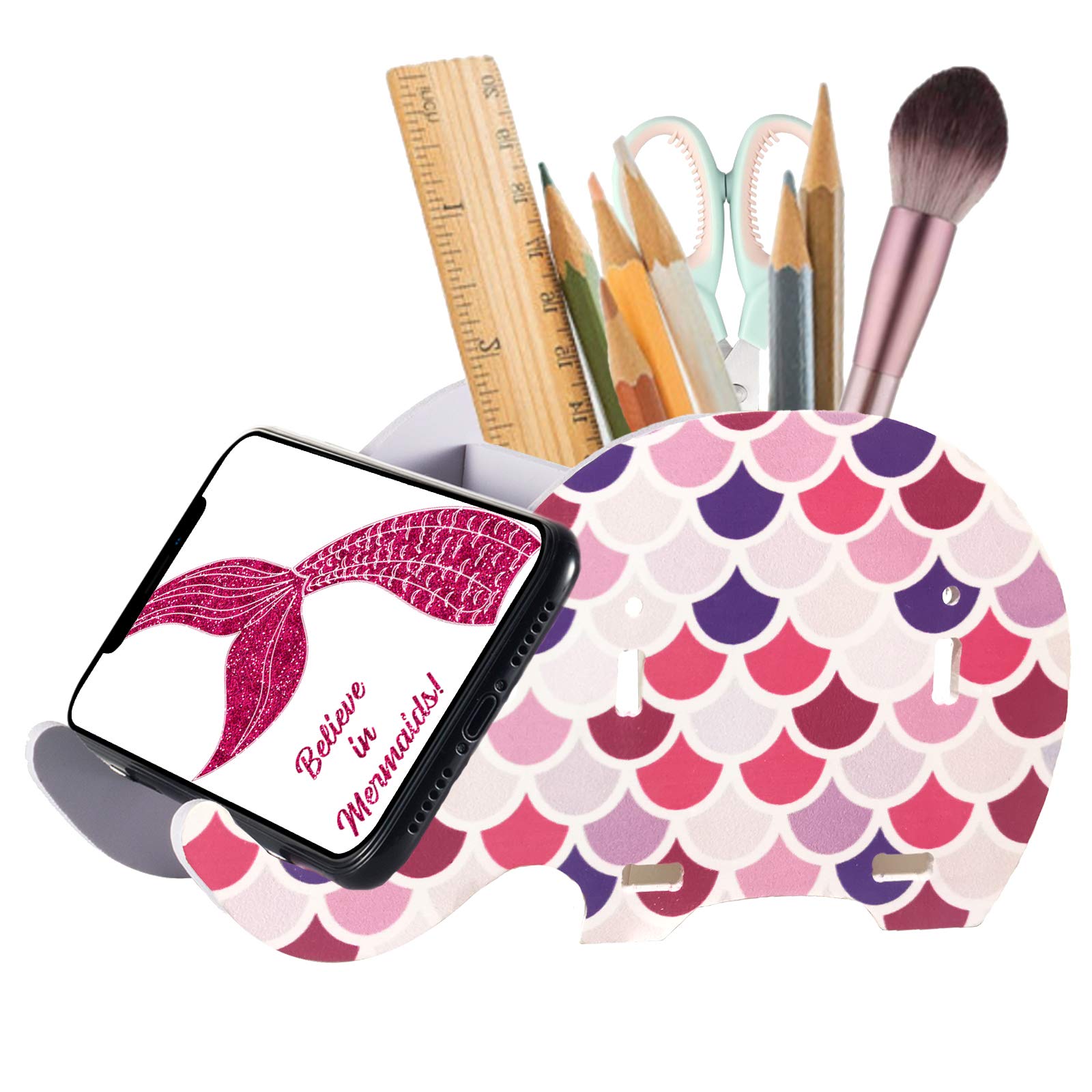Roiroiko Wooden Elephant Pencil Holder - Multifunctional Desk Organizer with Storage Box for Pens, Office Supplies & Smartphone | Cute Pink Mermaid Design for Home Office & School Desk Decor