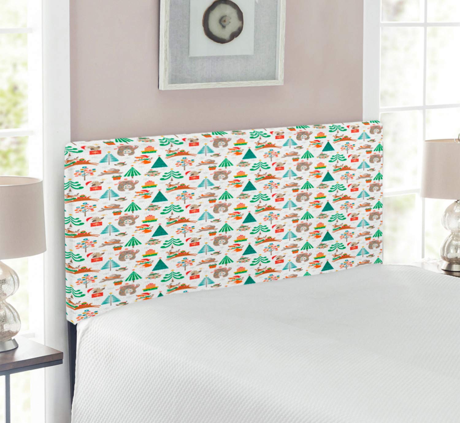Ambesonne Christmas Headboard - Xmas Cartoon Bear Deer Owl Birds Tree Snowflakes Design, Upholstered Metal Bed Headboard with Memory Foam, Twin Size, Multicolor - Perfect for Holiday Bedroom Decor & Festive Home Styling
