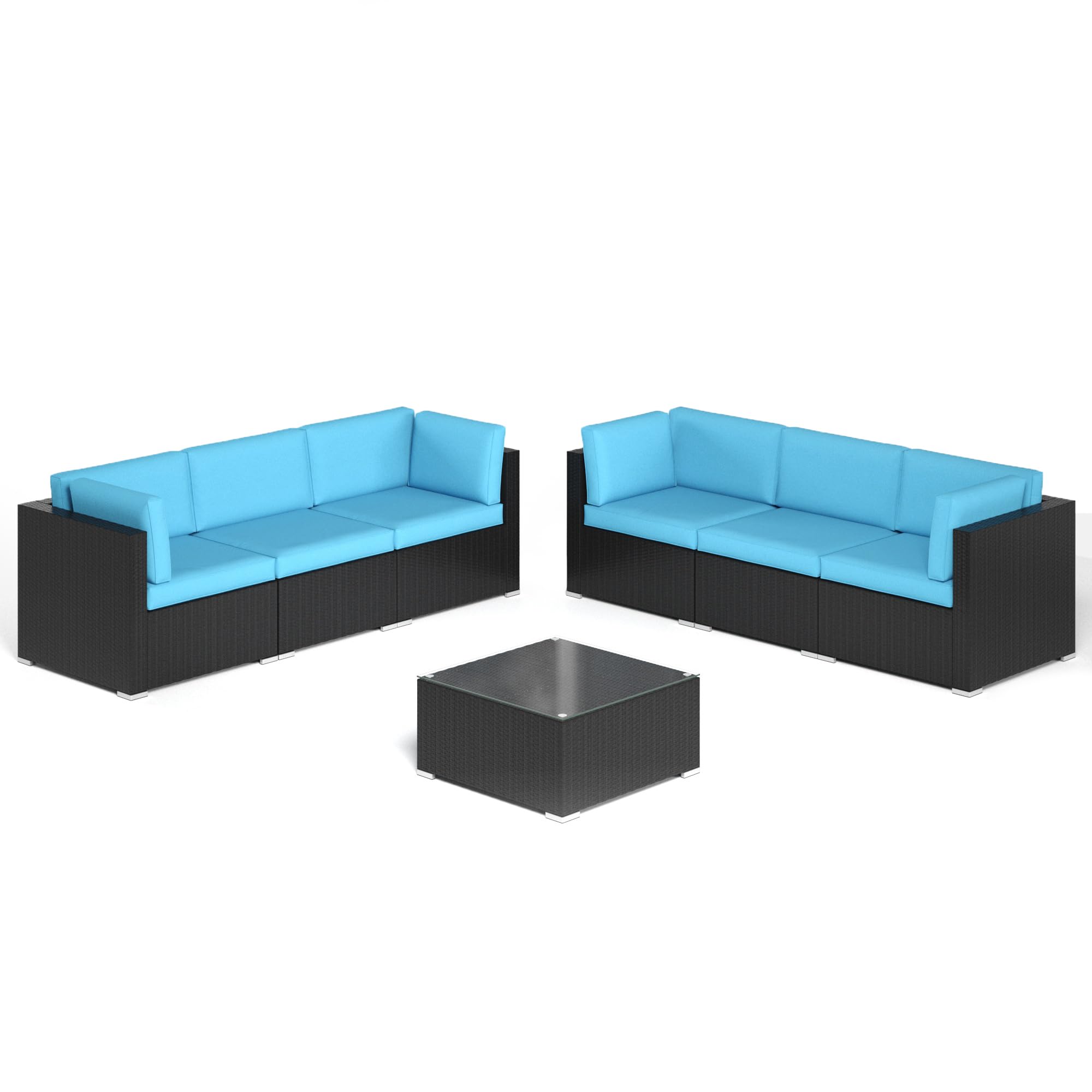 **SUNVIVI 7-Piece Outdoor Patio Sectional Sofa Set - All-Weather Black PE Wicker Furniture with Glass Table & Removable Blue Cushions - Perfect for Backyard, Garden, or Poolside Relaxation**