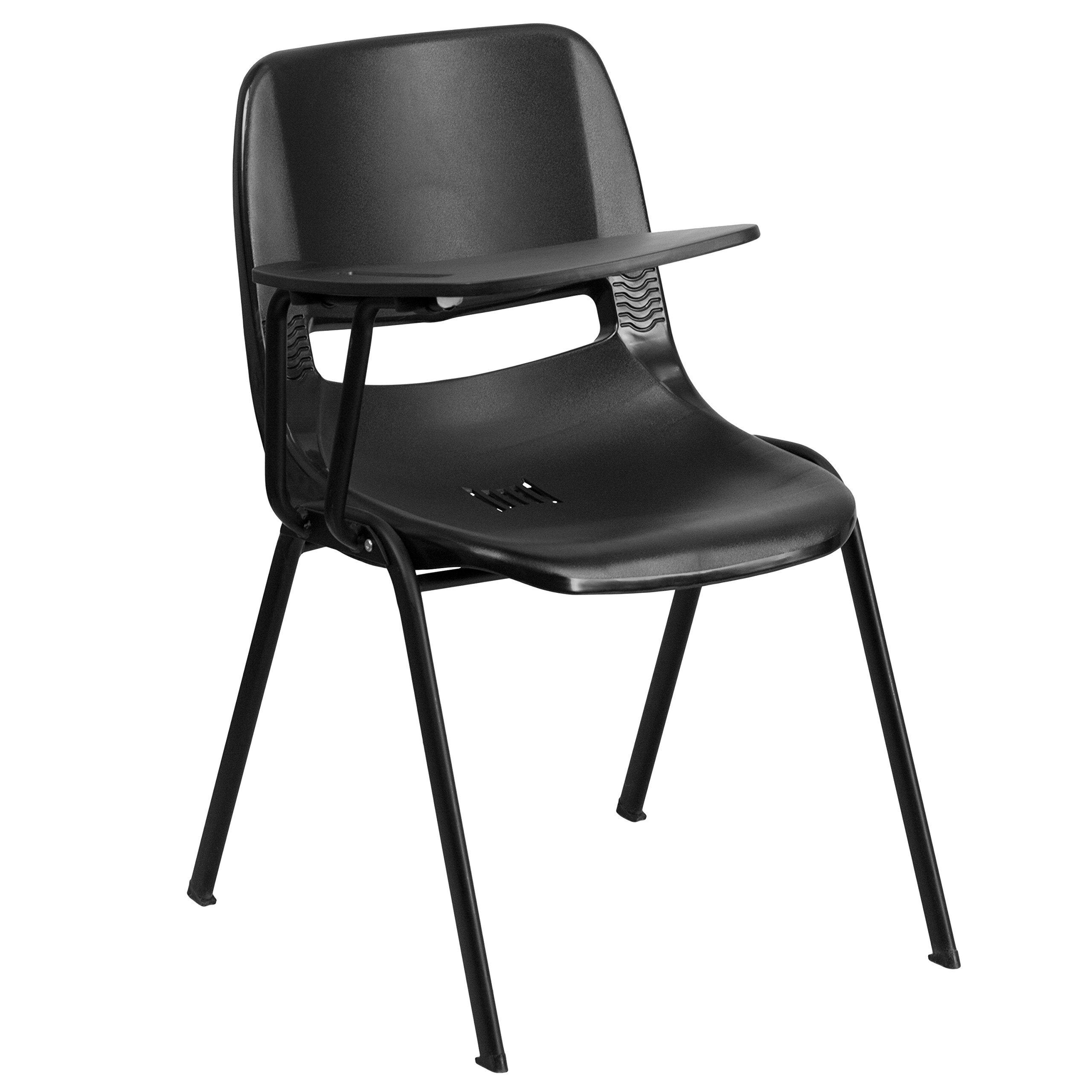 Emma & Oliver Black Ergonomic Shell Chair with Left-Handed Flip-Up Tablet Arm - Office Desk Chair for Home & Workspace - Perfect for Studying, Gaming, and Remote Work