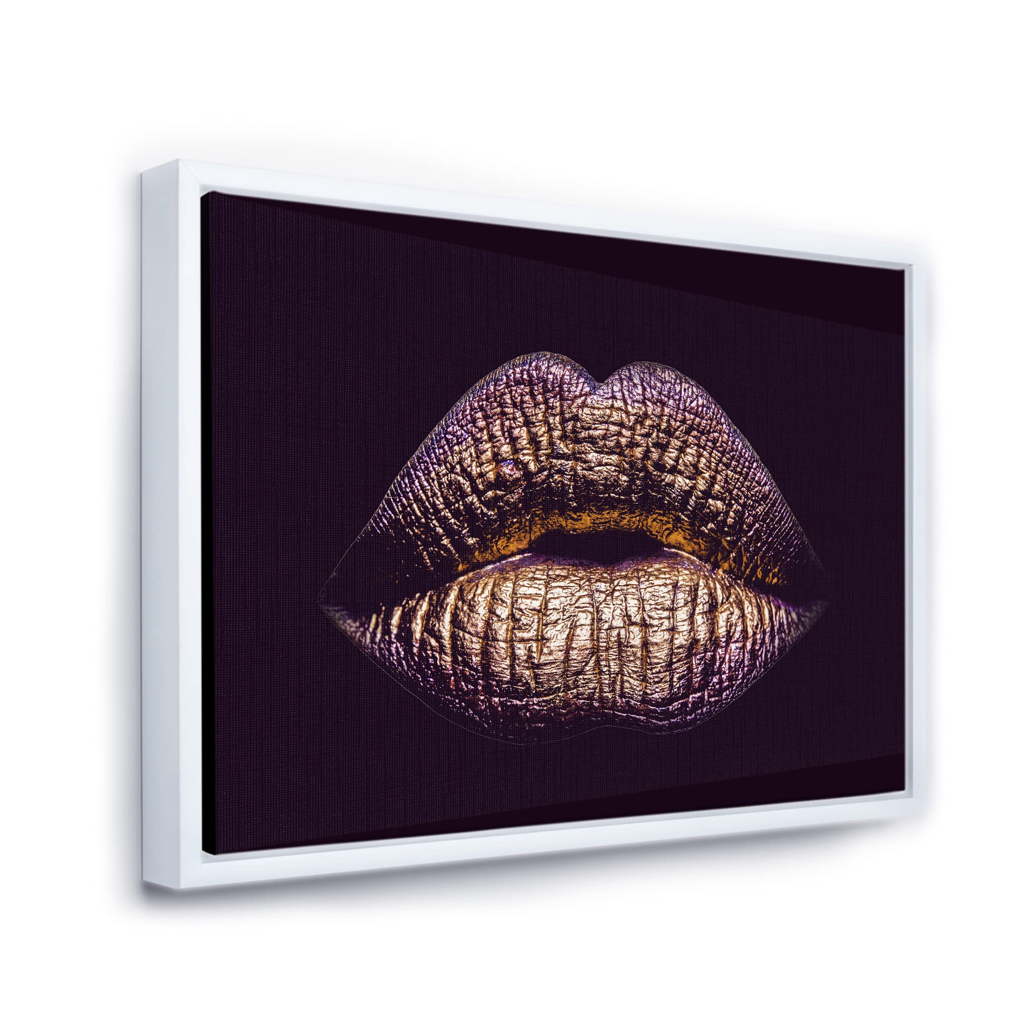 DesignQ Sexy Golden Metallized Female Lips III - Modern Framed Canvas Wall Art Print for Living Room, Bedroom & Office Decor