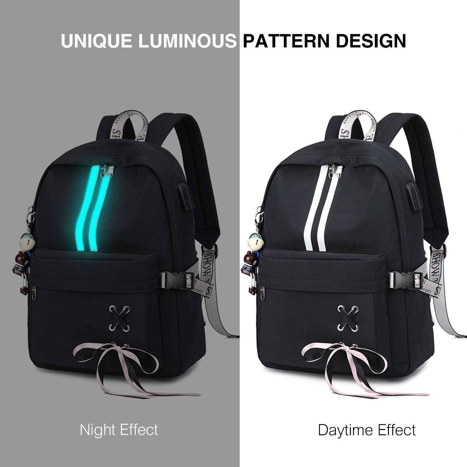 FANDARE USB Charging Backpack for Women & Girls - Waterproof School Backpack with Luminous Design, Lightweight Travel Daypack for Teens, College, Commuting & Outdoor Activities