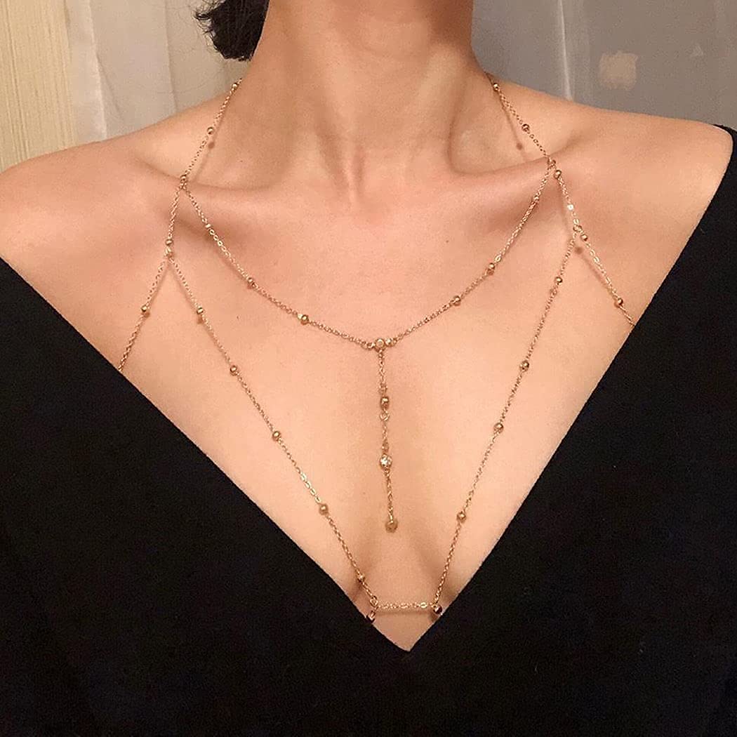 Dreamyn Boho Rhinestone Body Chain - Silver Crystal Bikini Jewelry for Women | Summer Beach Accessories, Festival Outfit Enhancer, Swimwear Decor (Gold)