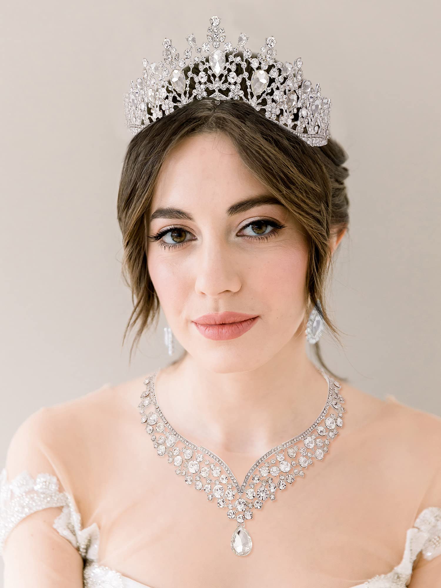 SWEETV 3-Piece Bridal Jewelry Set - Silver Wedding Crown Tiara with Matching Earrings & Necklace for Bride, Crystal Bridal Accessories for Wedding, Prom, Pageant, Birthday & Costume Parties (Ages 15+)
