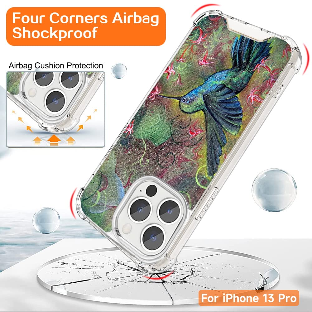 Shockproof Clear Phone Case for iPhone 13 Pro with Vibrant Hummingbird Design - 4 Corner Reinforced Protection | Perfect for Everyday Use, Outdoor Activities & Travel