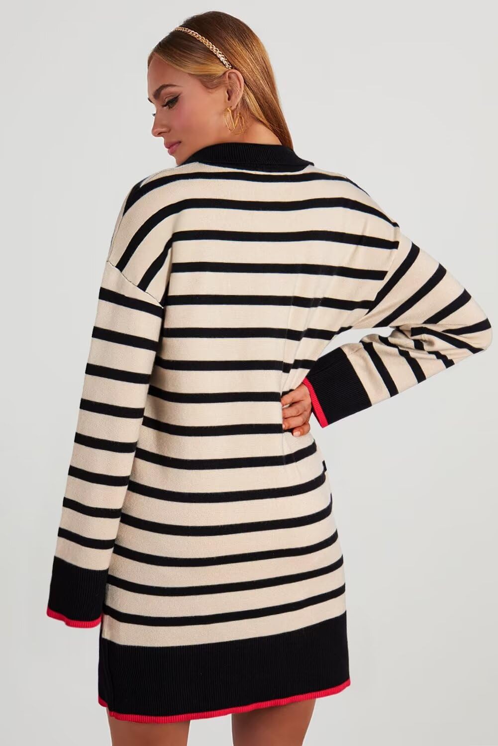 Dokotoo Women's Casual Striped V-Neck Polo Sweater Dress - Long Sleeve Mini Dress for Fall 2024 | Perfect for Office, Date Night & Autumn Outings