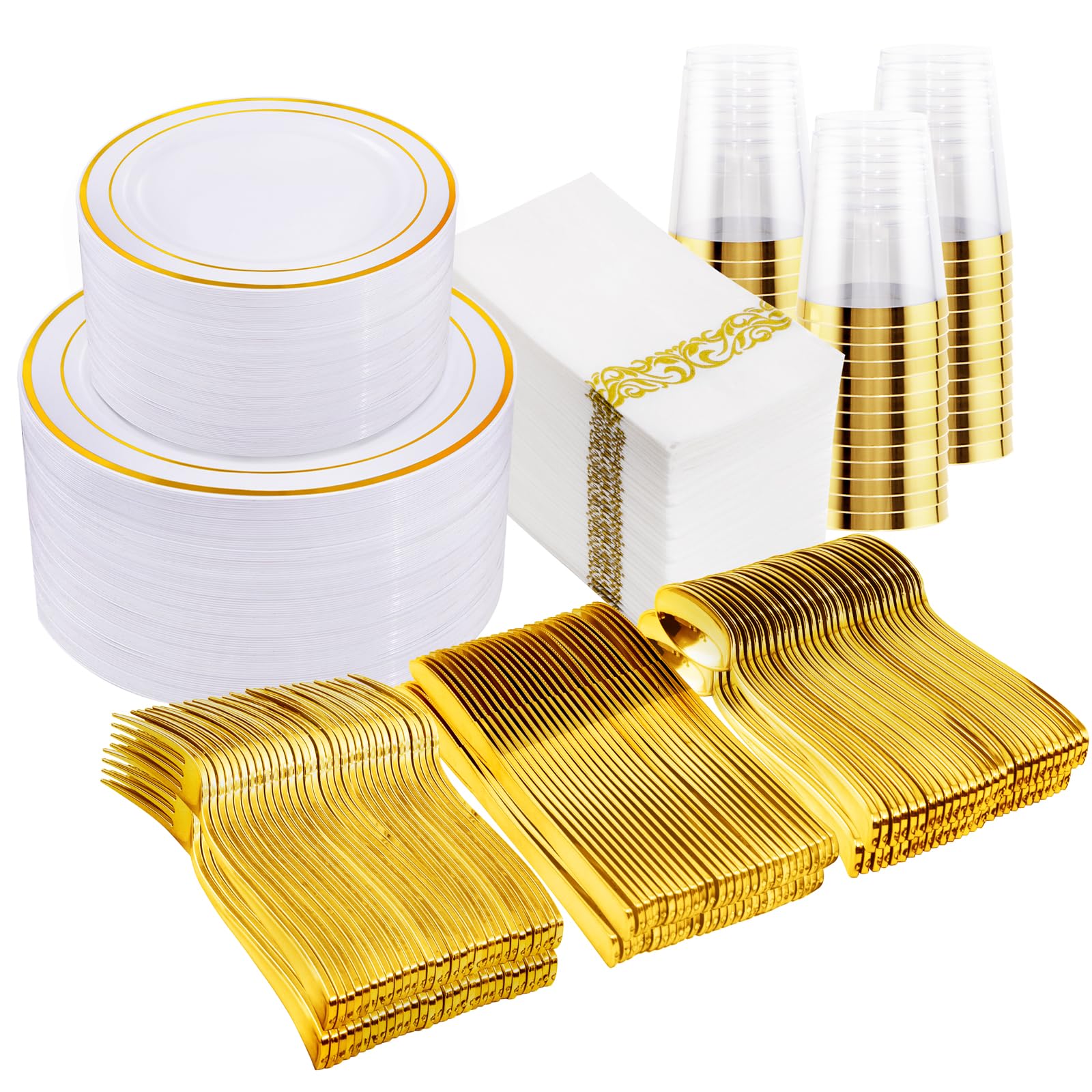 700-Piece Gold Plastic Dinnerware Set for 100 Guests - Includes 100 Gold Rim Dinner Plates, Dessert Plates, Paper Napkins, Cups & Silverware - Elegant Party Tableware for Weddings, Banquets & Special Events