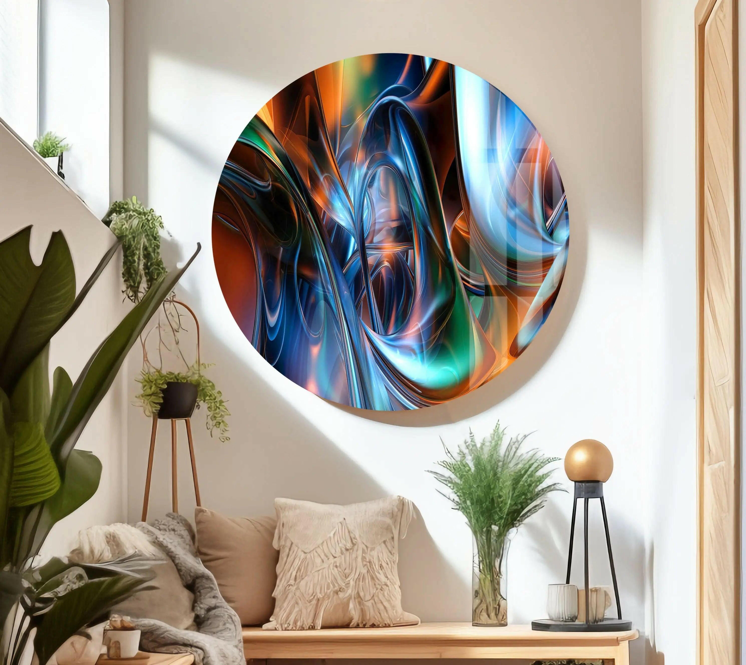 Blue Digital Fractal Artwork Glass Wall Decor - Modern Abstract Art for Living Room, Bedroom & Office Decor