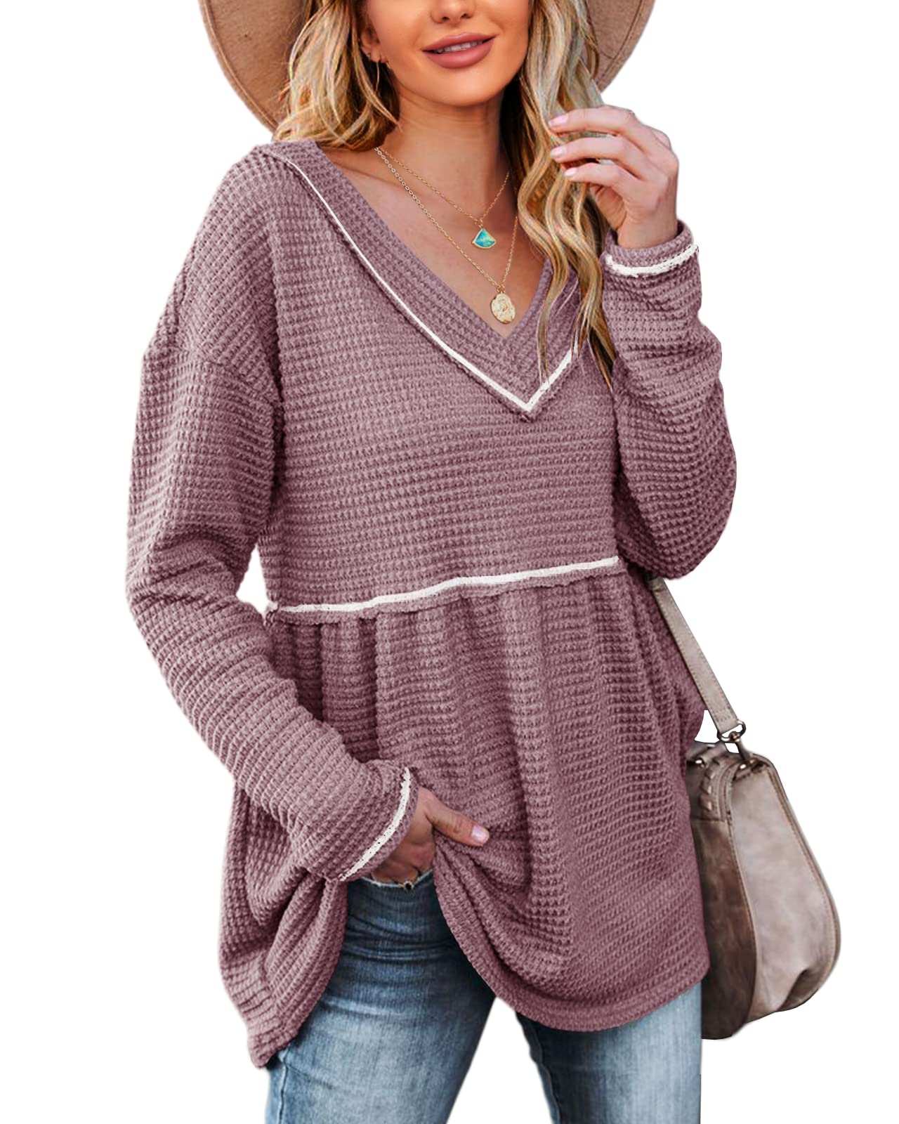 Women's V-Neck Waffle Knit Tunic Top - Long Sleeve Peplum Pullover Sweater | Casual Flowy Babydoll Swing Shirt for Everyday Wear, Office & Date Night Outfits