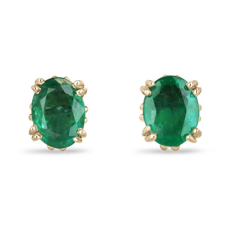 14K Gold Oval Cut Floral Fleur De Lis Stud Earrings - 3.43tcw Medium Dark Green Gemstone for Women, Perfect for Weddings, Parties & Everyday Elegance