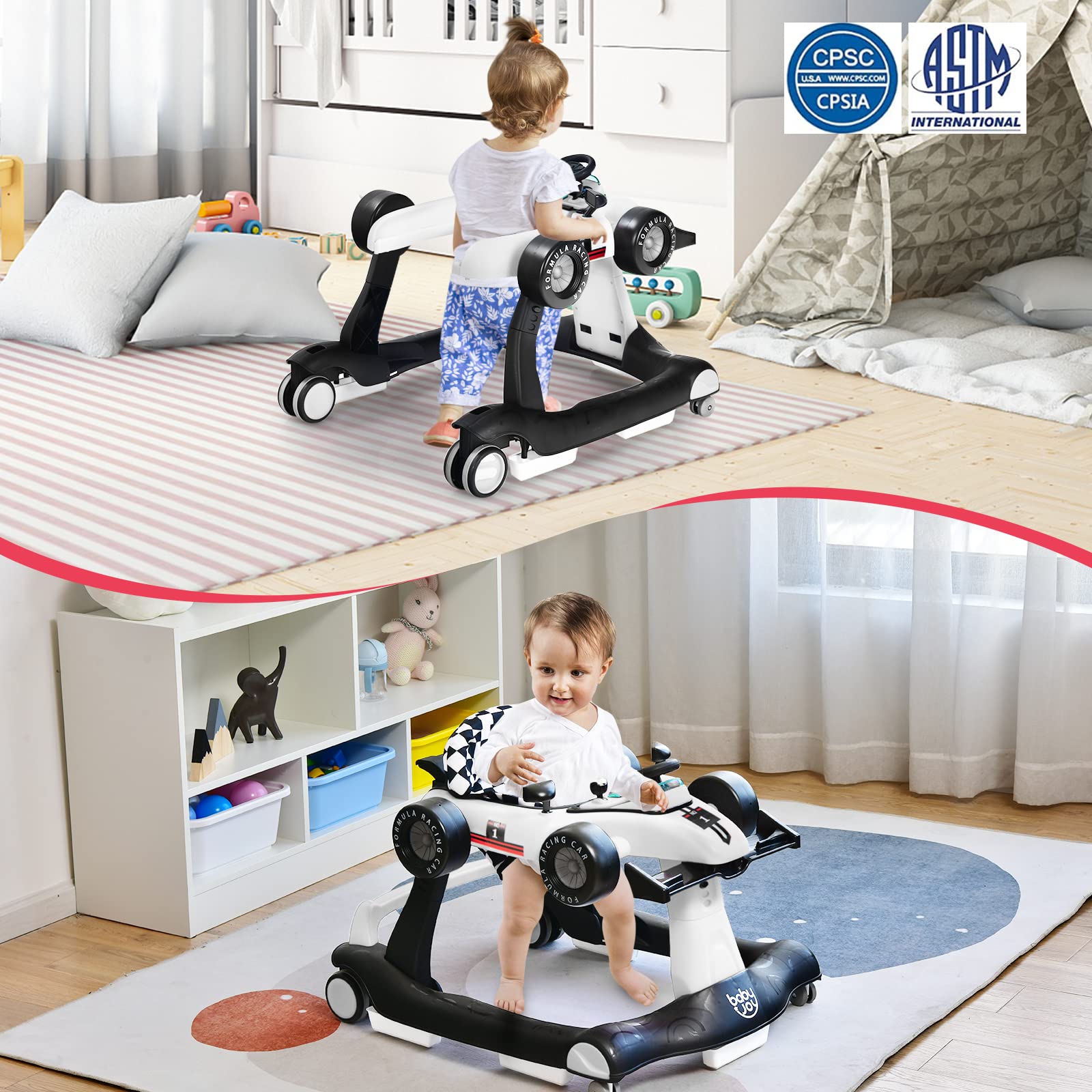 BABY JOY 4-in-1 Foldable Baby Walker with Adjustable Height & Speed - Musical Light-Up Activity Walker with Anti-Rollover Safety Wheels for Toddlers 6-18 Months (White) | Perfect for Learning to Walk, Indoor Play & First Birthday Gifts for Boys & Girls