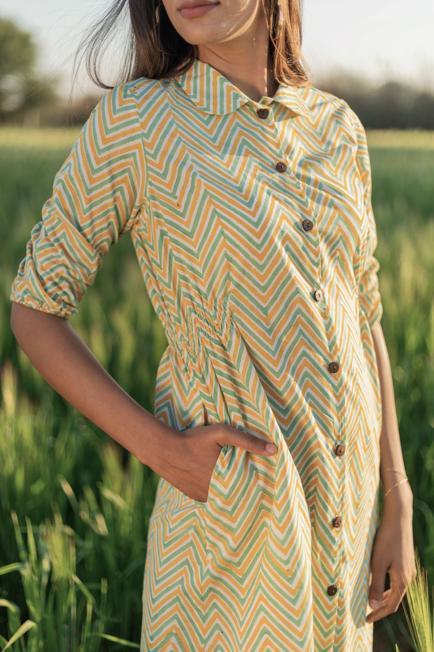 Shining Zigzag Azofree Handblock Printed Pure Cotton Dress for Women | Breathable & Comfortable Summer Dress | Perfect for Casual Outings, Beach Trips & Boho Fashion