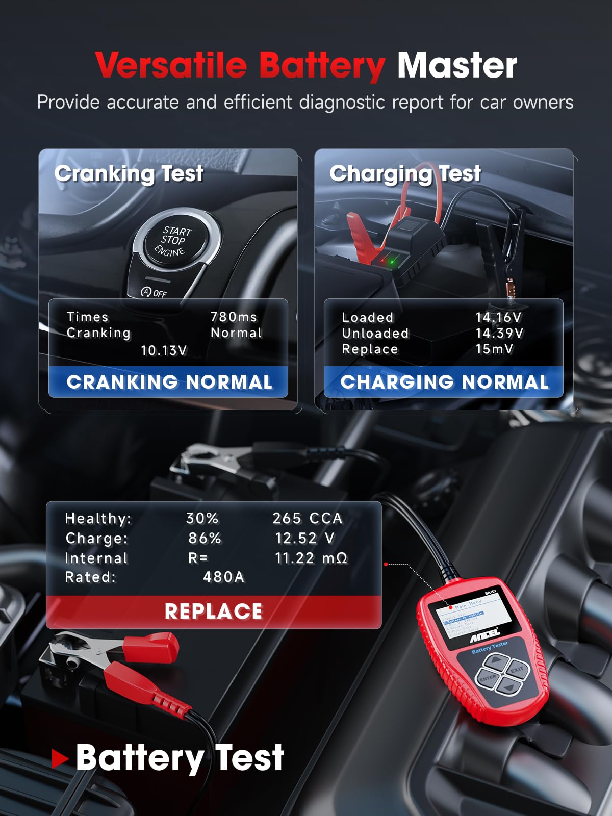 ANCEL BA101 12V Digital Car Battery Tester - 100-2000 CCA Load Capacity Automotive Alternator Diagnostic Tool - Cranking & Charging Analyzer for Trucks, Boats, RVs, Marine Vehicles - Perfect for Road Trips, Camping & Emergency Vehicle Maintenance