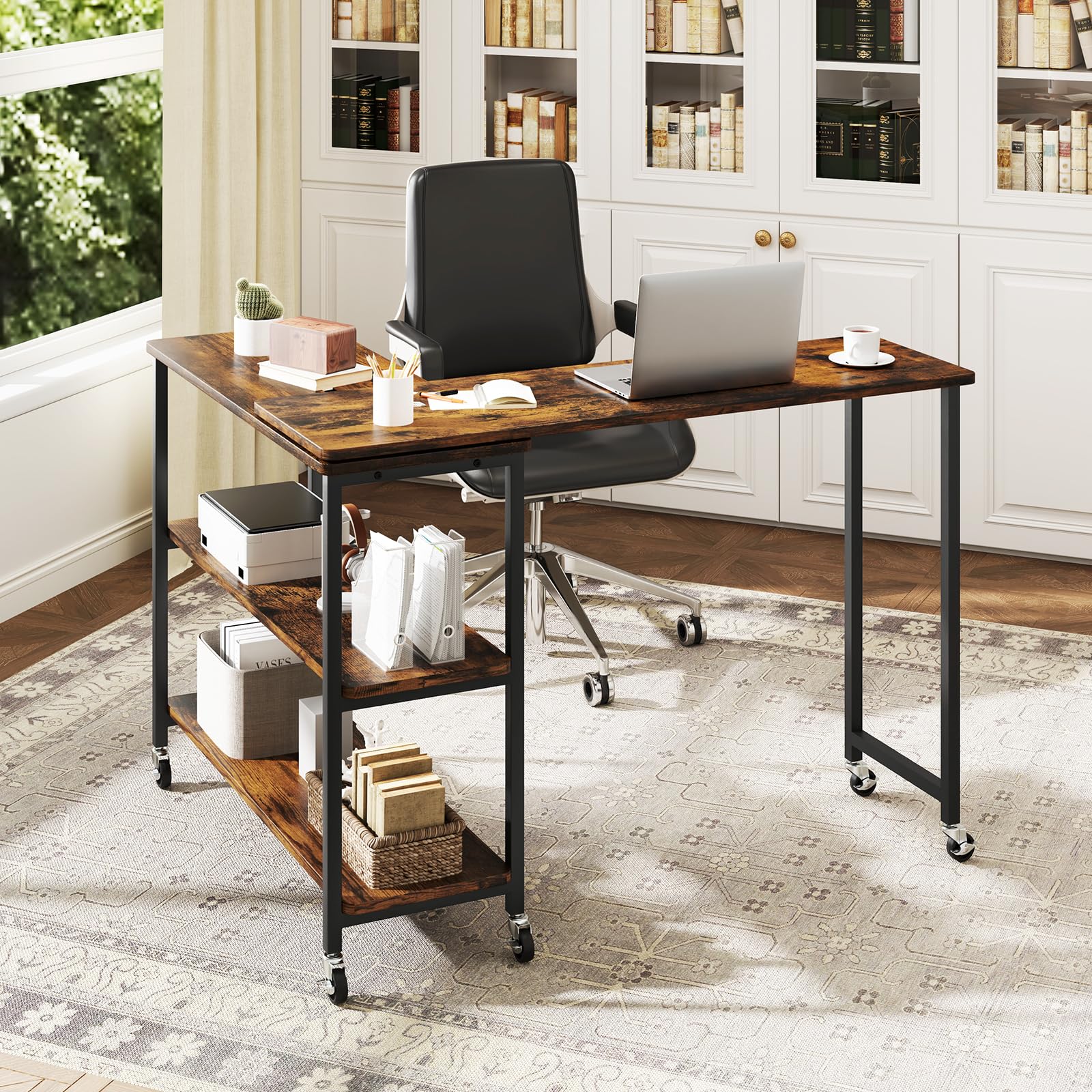 Tangkula 360° Rotating Side Table for Couch - Patented Mobile Laptop Desk with 2-Tier Storage Shelves & Sturdy Metal Frame | Extendable Snack Table for Living Room, Home Office & Bedroom Use
