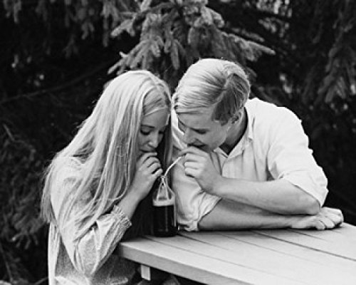 Teen Couple Sharing Soda Bottle - Romantic Wall Art Poster Print (18x24 inches) - Perfect for Bedroom, Dorm Room & Teen Gift Ideas