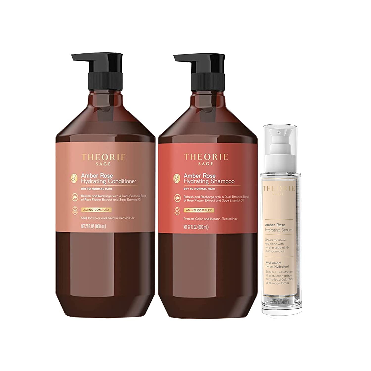Amber Rose Luxury Hair Care Set - Shampoo, Conditioner & Serum for Hydration & Refreshment - Rose, Jasmine & Amber Scent - For All Hair Types Including Color & Keratin Treated - Perfect for Daily Use, Salon Results at Home