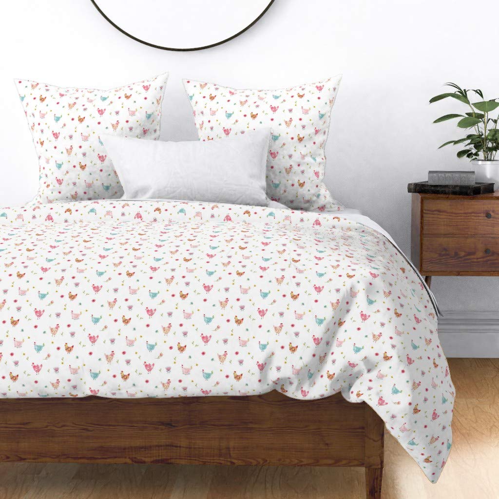 Custom Spoonflower Cotton Sateen Duvet Cover Twin Size - White Chicken Farm Animal Print with Red Yellow Watercolor Floral Design | Perfect for Nursery, Kids Room & Spring Bedding Decor