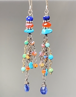 Multi Gemstone Dangle Earrings - Turquoise, Lapis & Carnelian Sterling Silver Tassel Earrings for Women | Boho Chic Jewelry, Party & Wedding Accessories