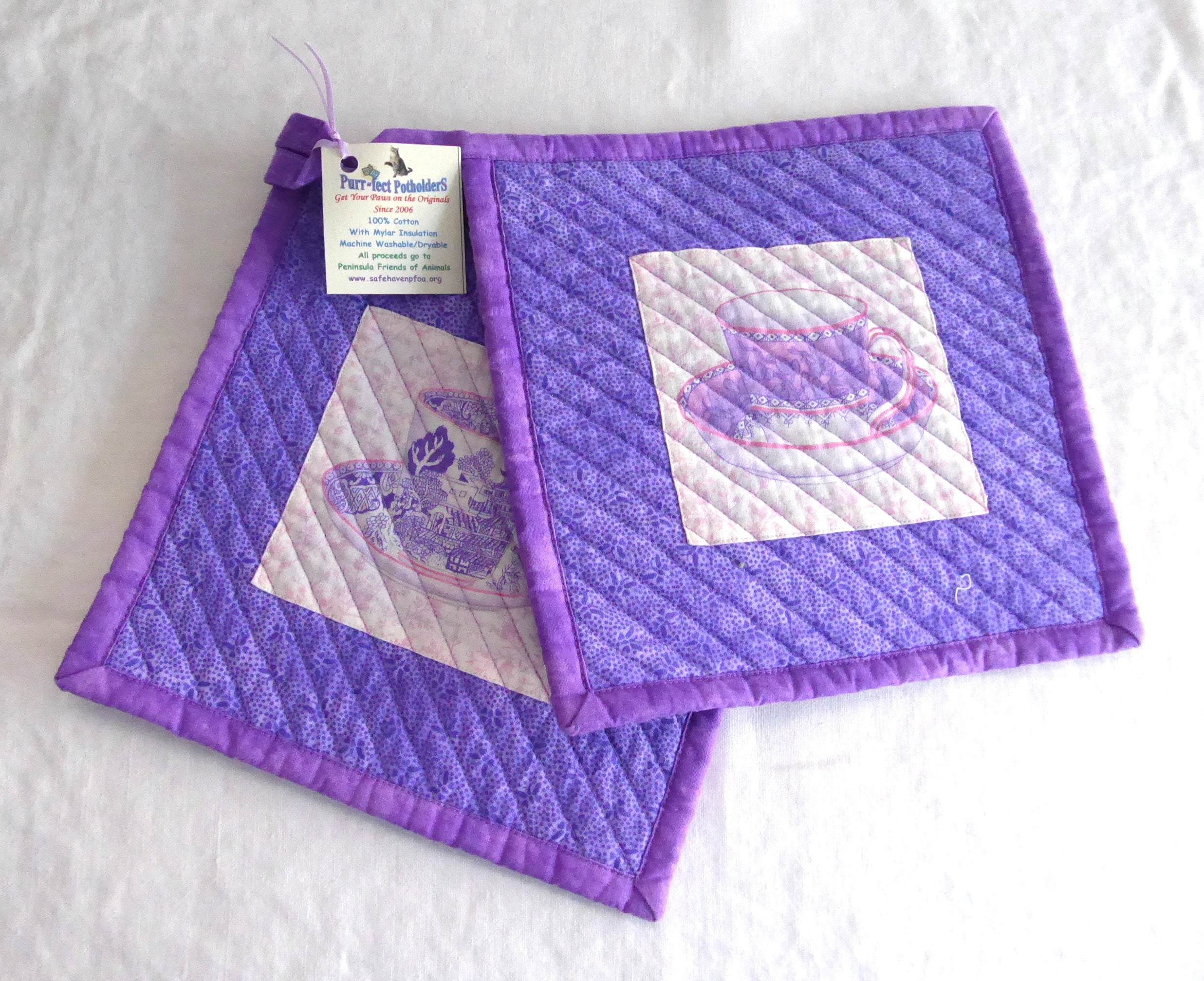 Handmade Purple Lavender Teacup Themed Potholders Set of 2 - Heat Resistant Kitchen Accessories for Baking, Cooking & Home Decor - Supports Animal Charity